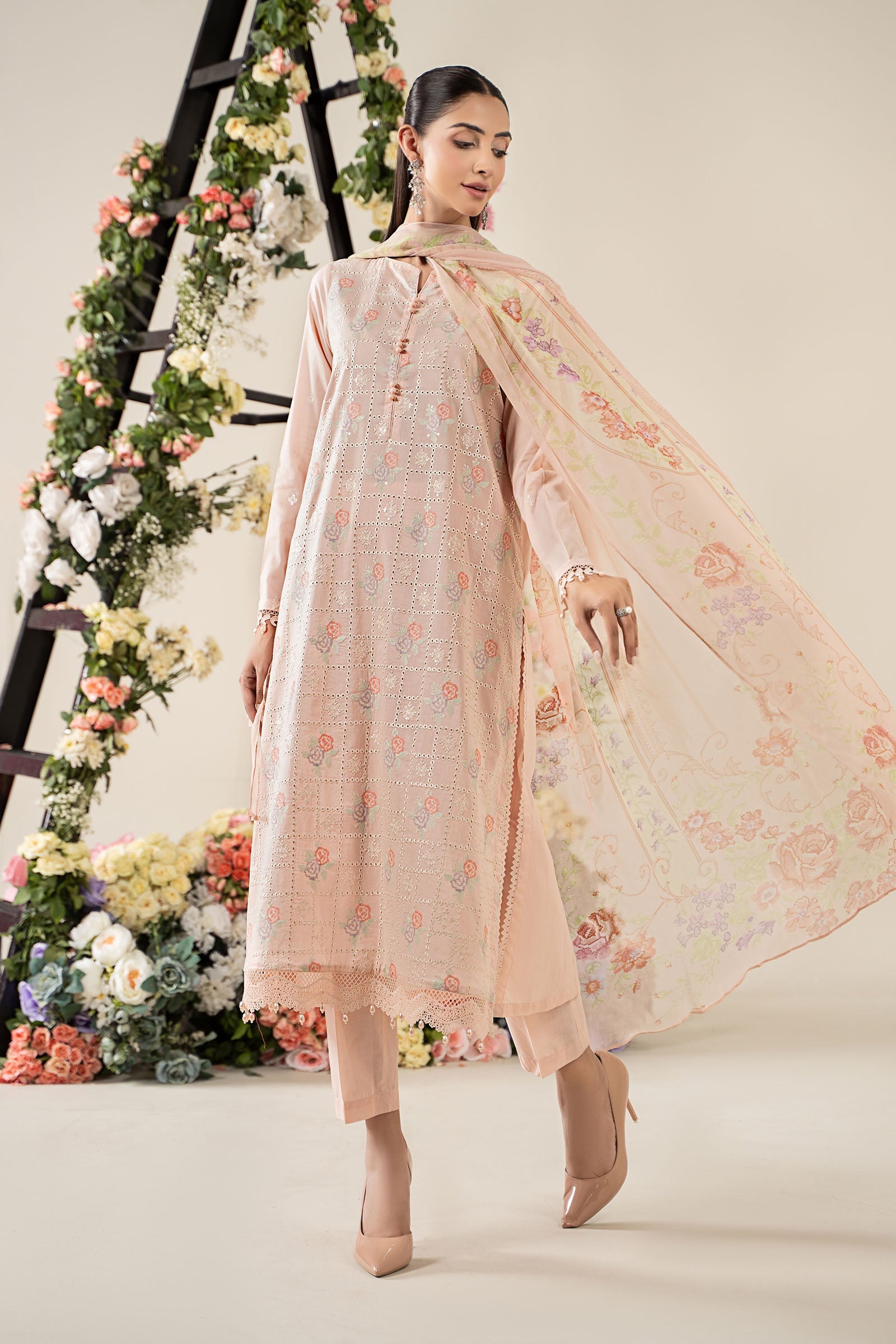 Peach Embroidered Lawn Salwar Kameez (3-Piece) - Image 1