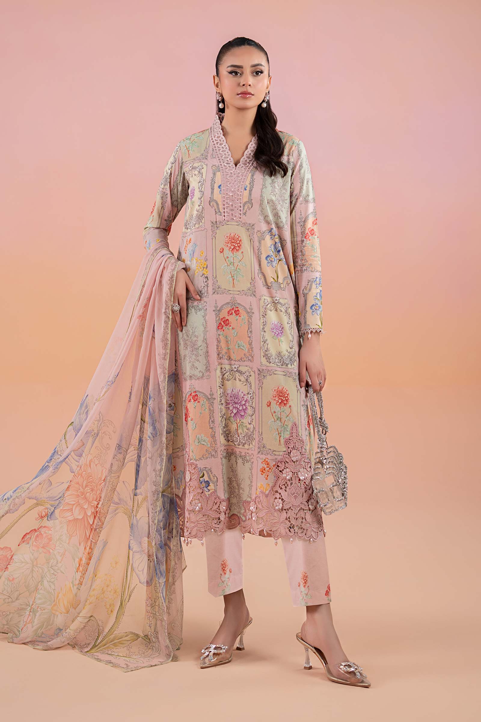 Pakistani Pink Embroidered Lawn 3-Piece Suit - Image 1