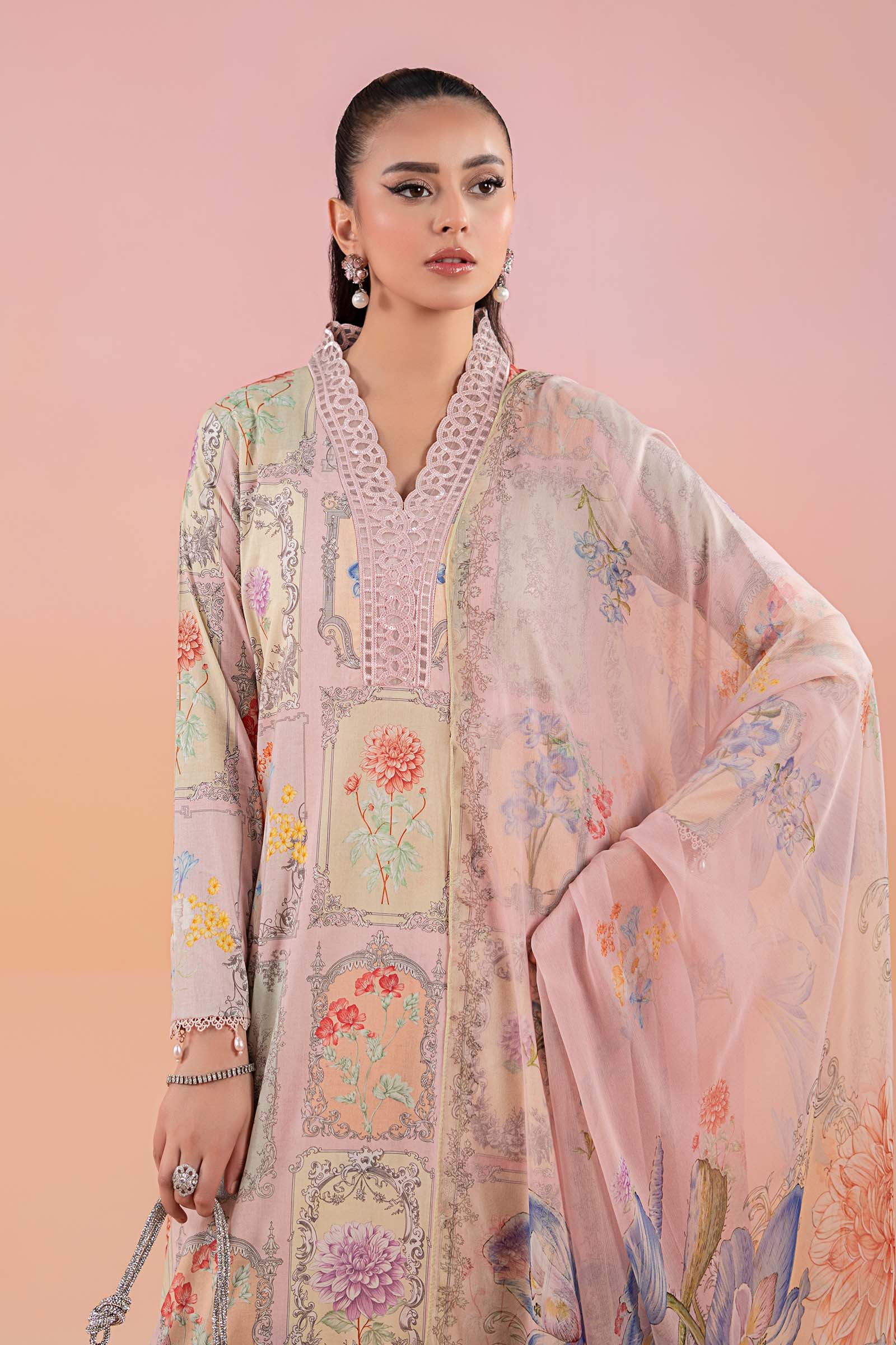 Pakistani Pink Embroidered Lawn 3-Piece Suit - Image 3