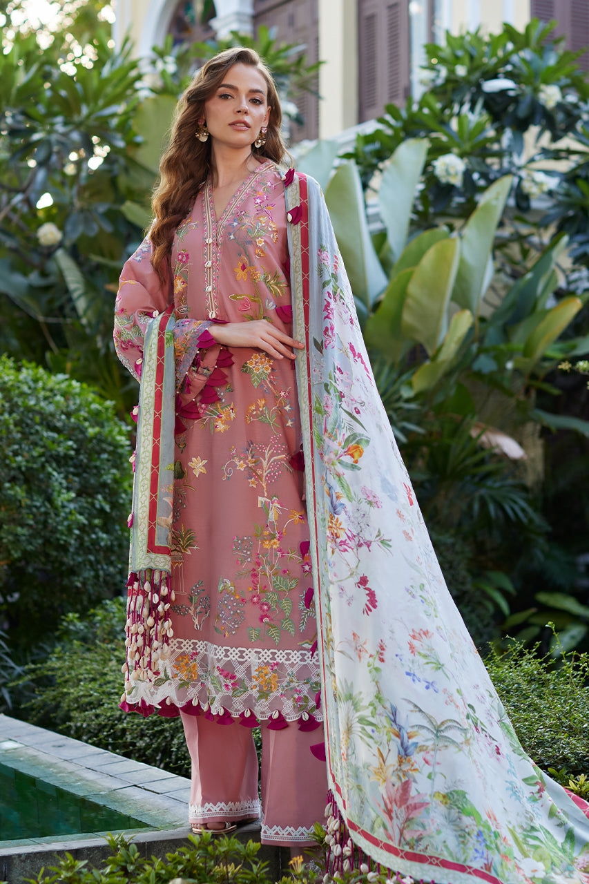 Pakistani Pink Embroidered Premium Lawn 3-Piece Suit - Image 1