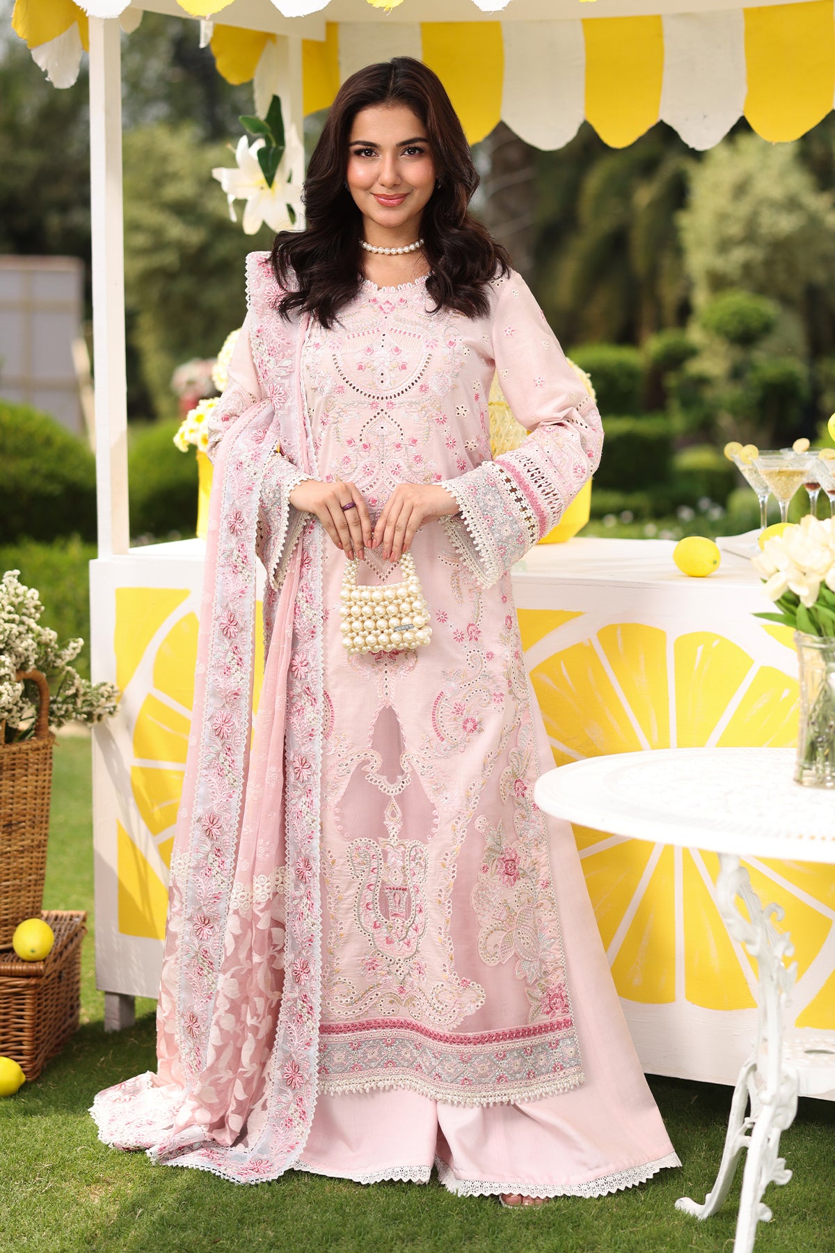 Powder Pink Embroidered Lawn & Organza 3-Piece Suit - Image 1