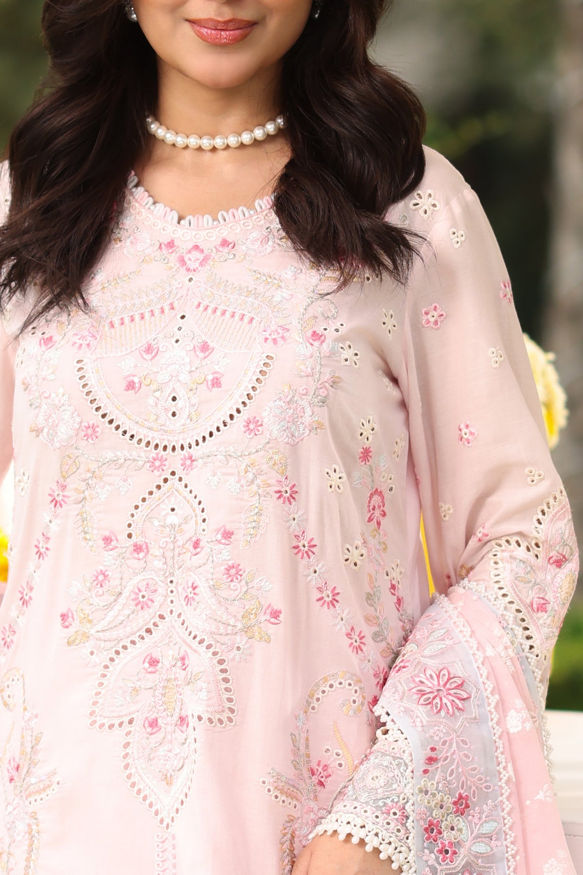 Powder Pink Embroidered Lawn & Organza 3-Piece Suit - Image 3