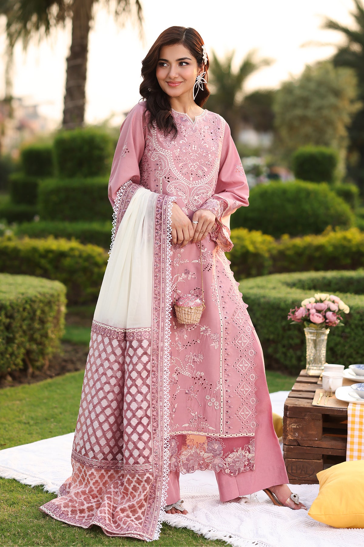 Pakistani Pink Embroidered Lawn 3-Piece Suit - Image 1