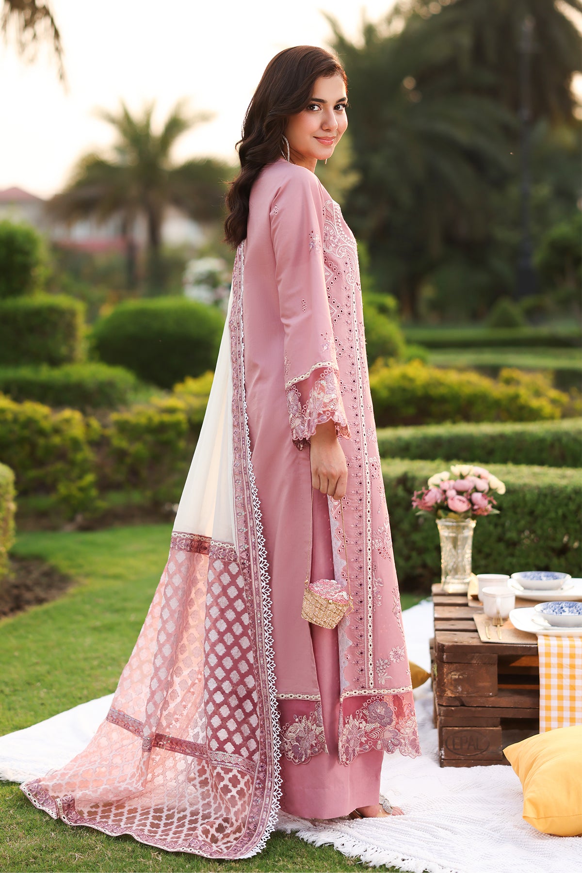 Pakistani Pink Embroidered Lawn 3-Piece Suit - Image 2