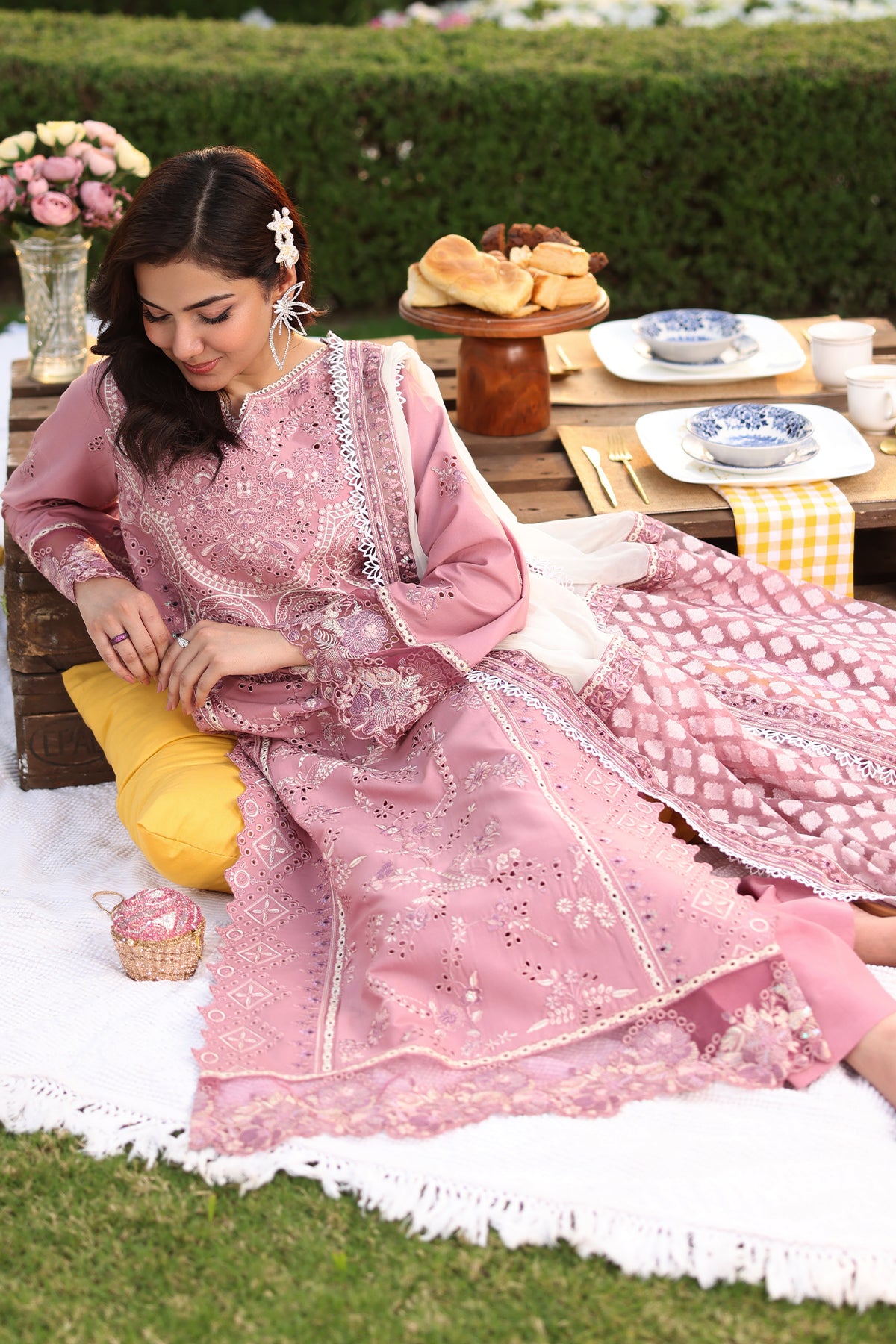 Pakistani Pink Embroidered Lawn 3-Piece Suit - Image 3