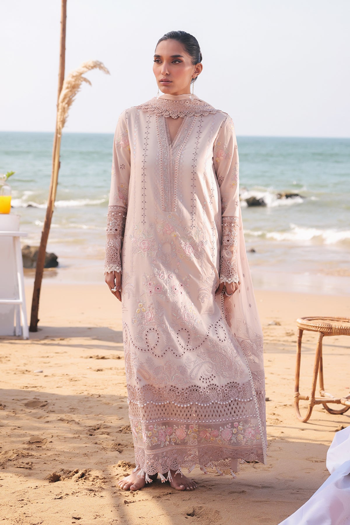 Pakistani Light Pink Embroidered Lawn & Chiffon Suit (3-Piece) - Image 1