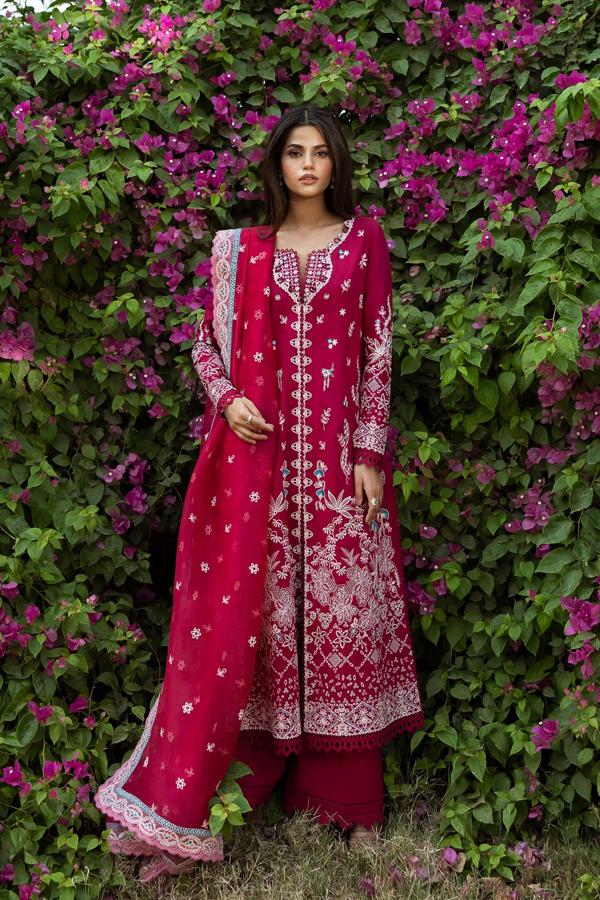Pakistani Shocking Pink Embroidered Lawn Salwar Kameez (3-Piece) - Image 1