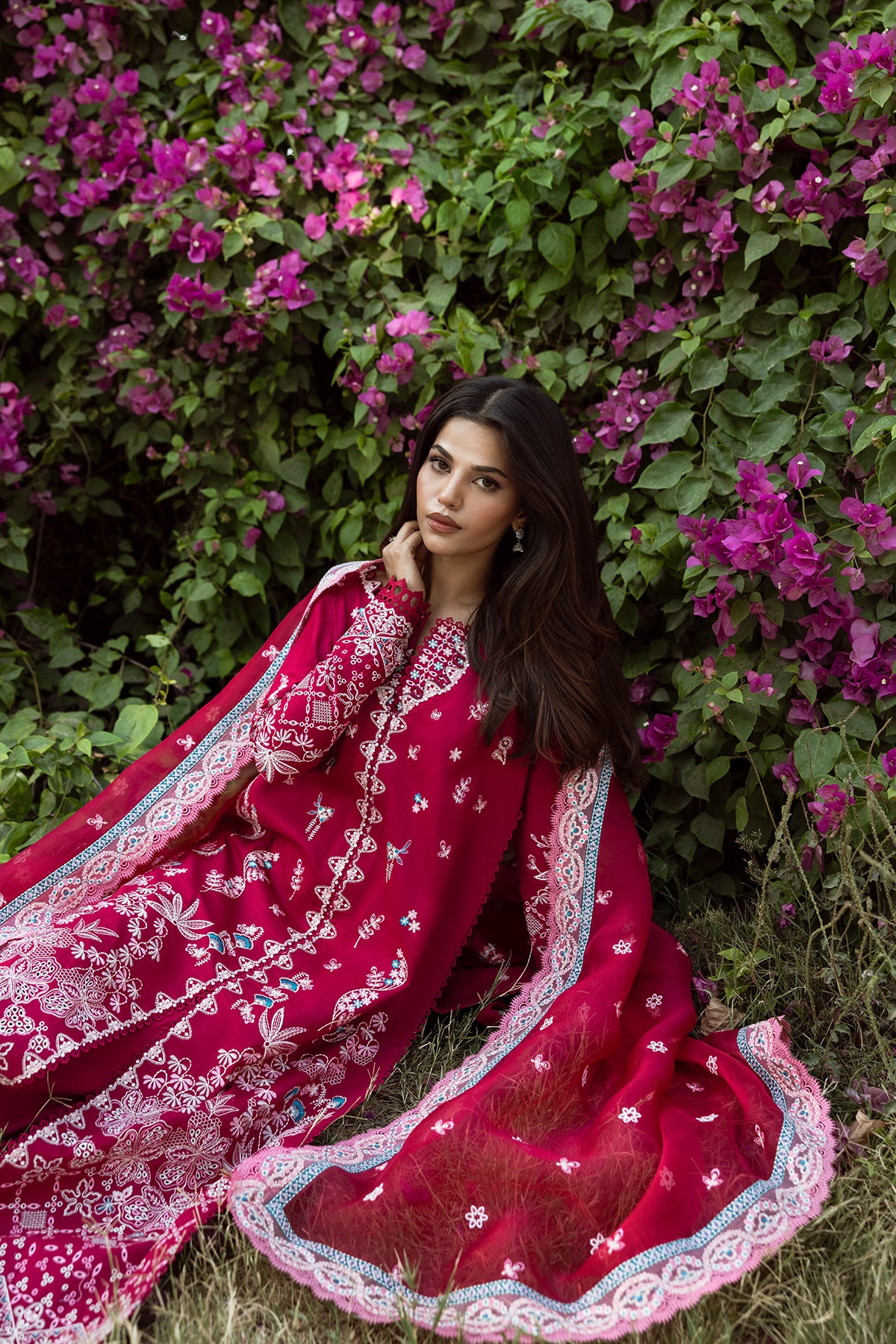Pakistani Shocking Pink Embroidered Lawn Salwar Kameez (3-Piece) - Image 2