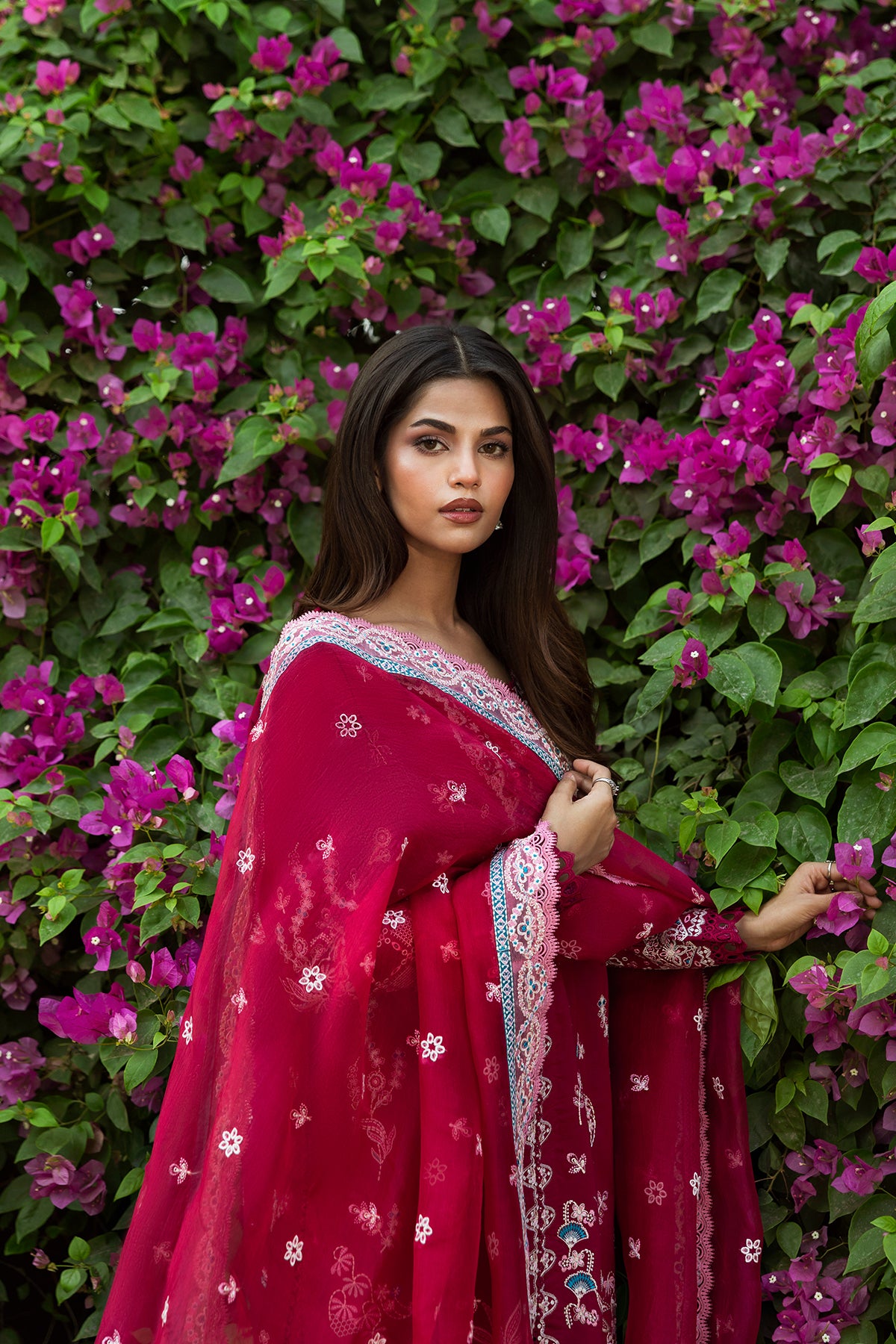 Pakistani Shocking Pink Embroidered Lawn Salwar Kameez (3-Piece) - Image 3