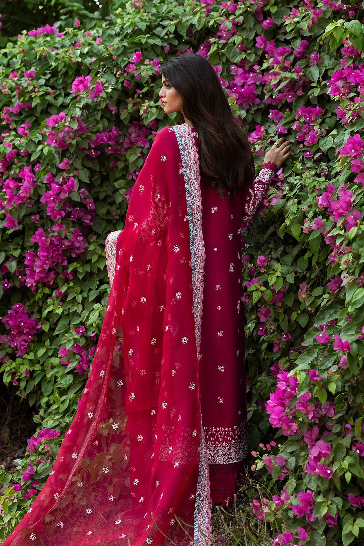 Pakistani Shocking Pink Embroidered Lawn Salwar Kameez (3-Piece) - Image 4