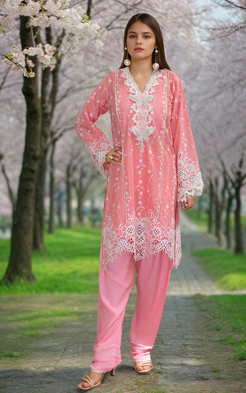 Pakistani Pink Embroidered Lawn Salwar Kameez (2-Piece) - Image 1