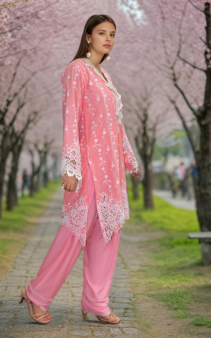 Pakistani Pink Embroidered Lawn Salwar Kameez (2-Piece) - Image 2