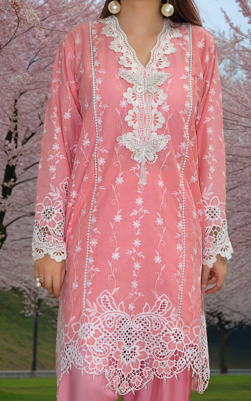 Pakistani Pink Embroidered Lawn Salwar Kameez (2-Piece) - Image 3