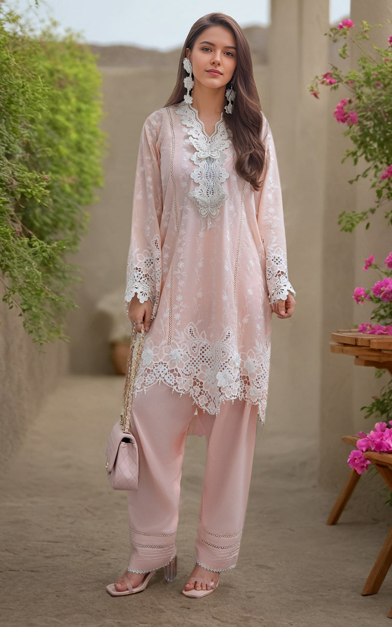 Pakistani Blush Pink Embroidered Lawn 2-Piece Suit - Image 2