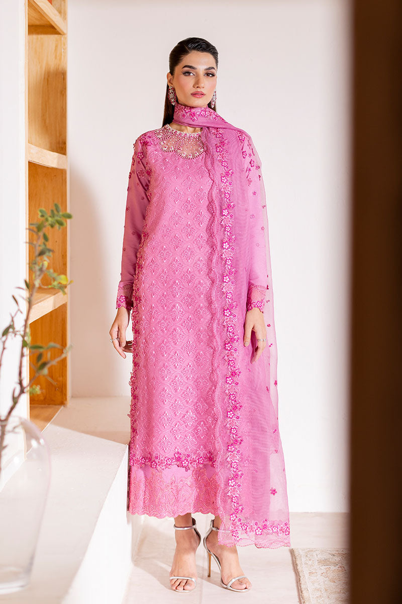Pakistani Pink Embroidered Loom Cotton Net Salwar Kameez (3-Piece) - Image 1