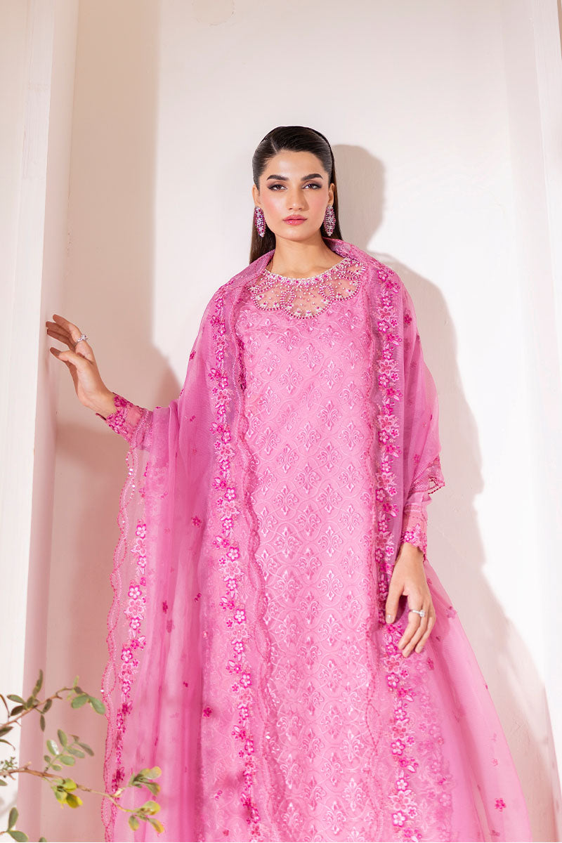 Pakistani Pink Embroidered Loom Cotton Net Salwar Kameez (3-Piece) - Image 2