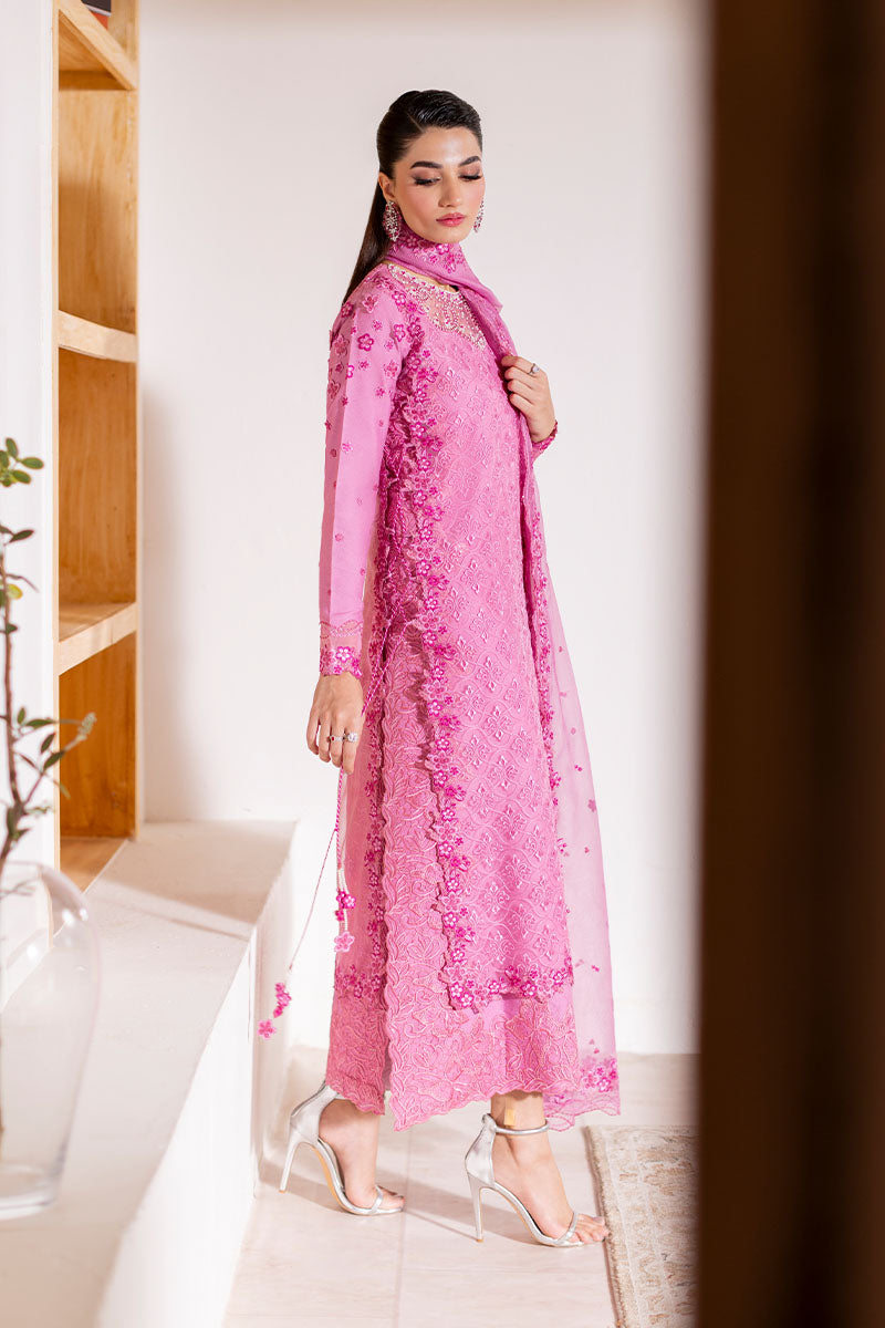 Pakistani Pink Embroidered Loom Cotton Net Salwar Kameez (3-Piece) - Image 6