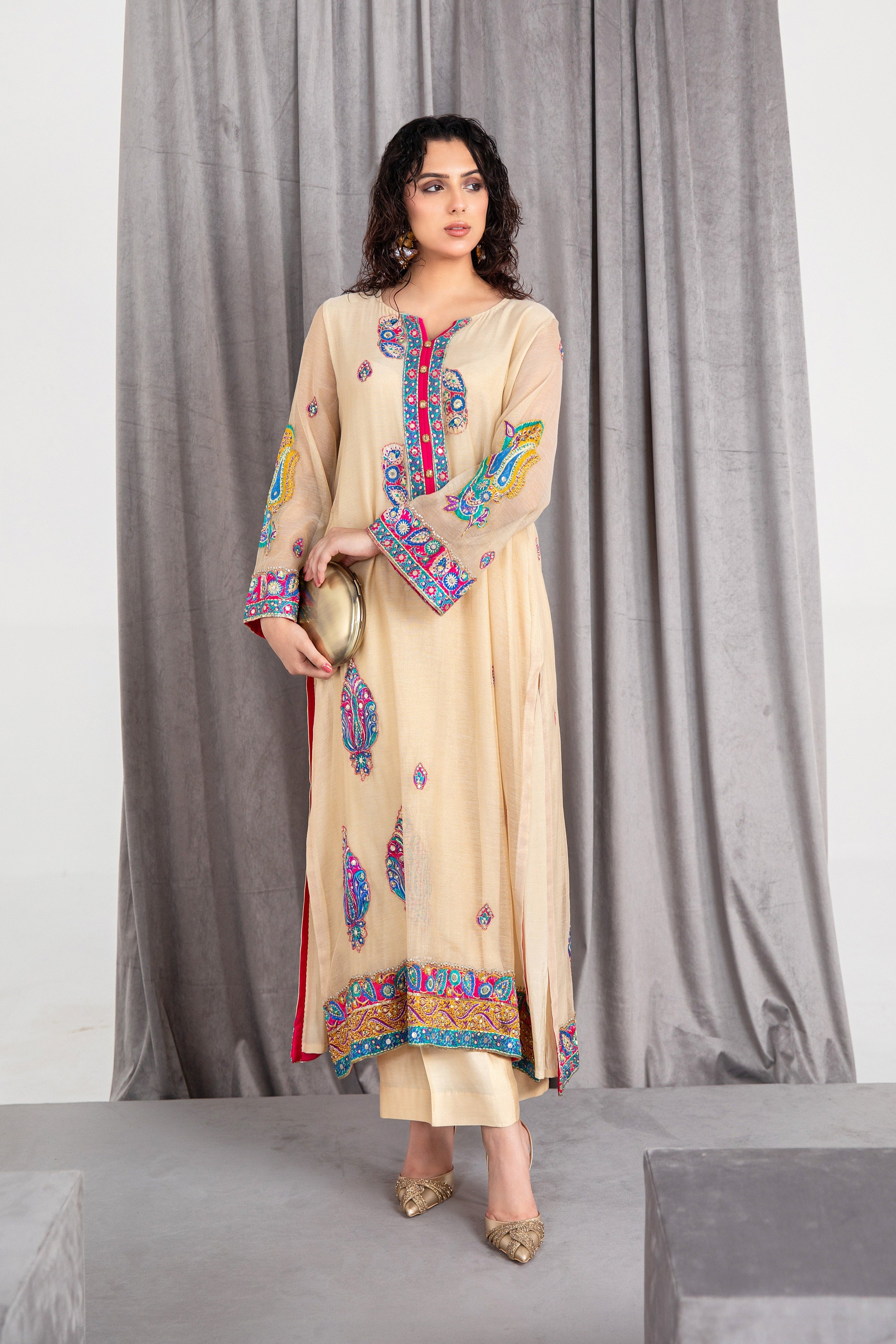 Pakistani Summer Melon Appliqué Lurex Net Salwar Kameez (2-Piece) - Image 1
