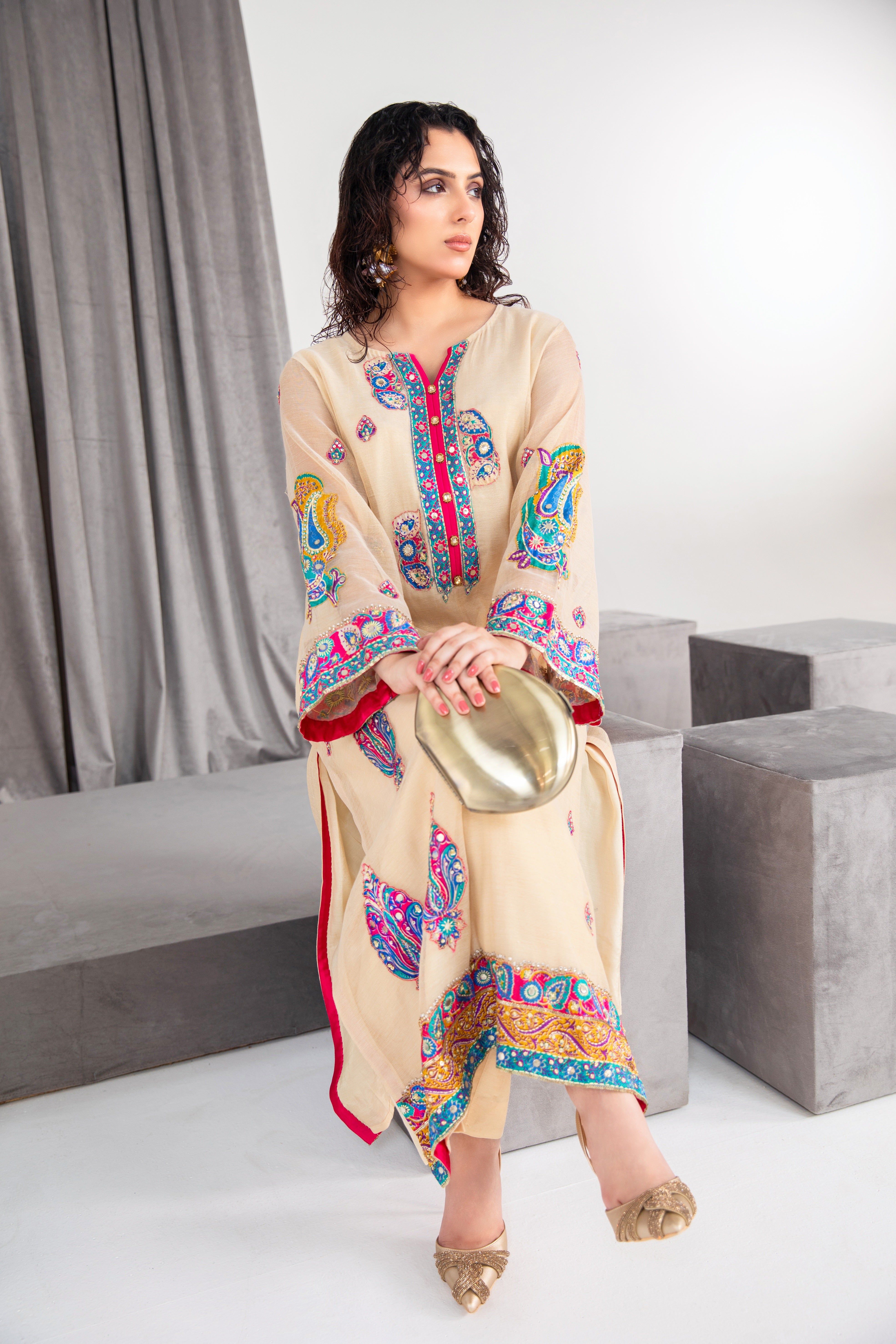 Pakistani Summer Melon Appliqué Lurex Net Salwar Kameez (2-Piece) - Image 2