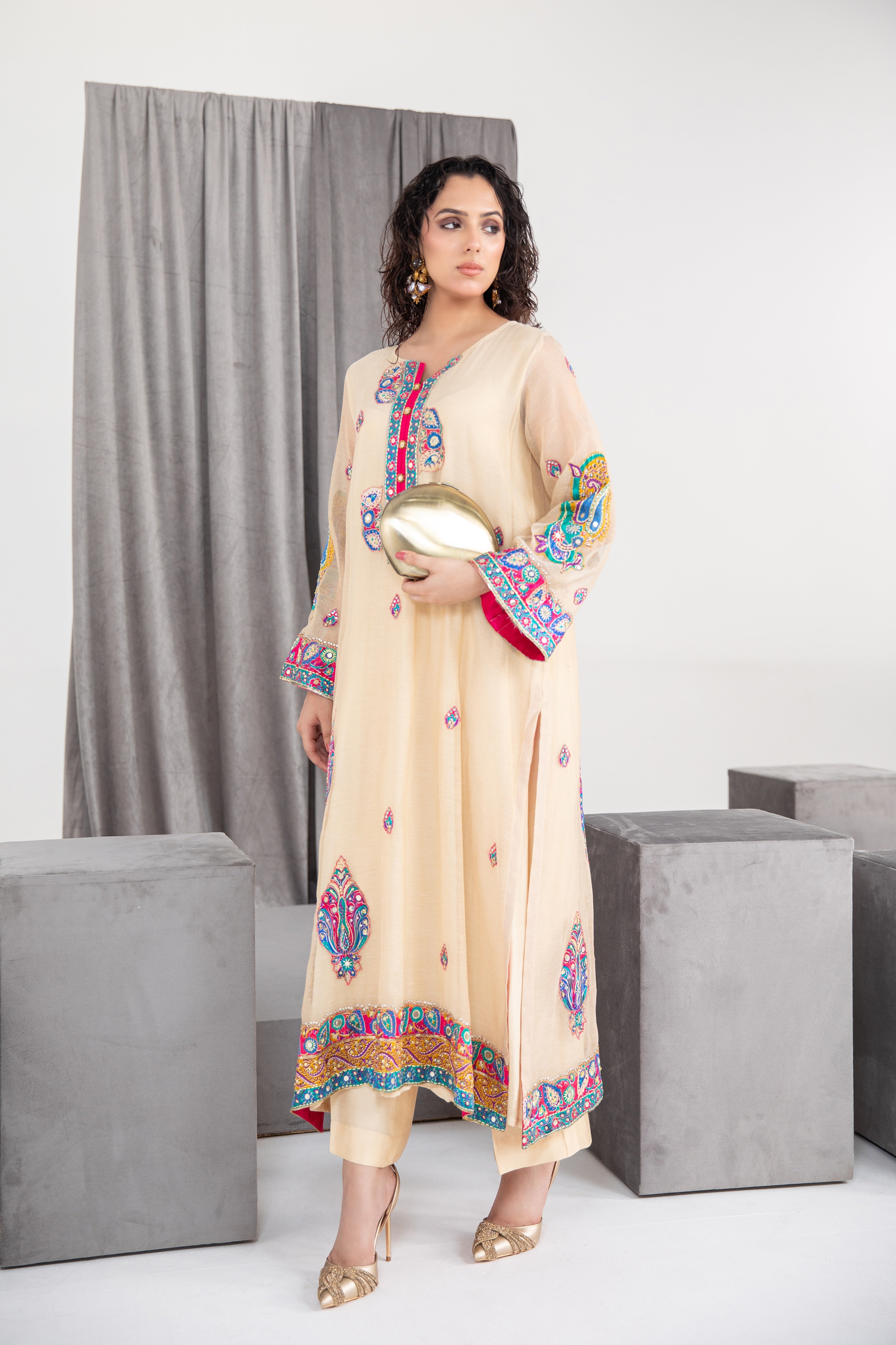 Pakistani Summer Melon Appliqué Lurex Net Salwar Kameez (2-Piece) - Image 3