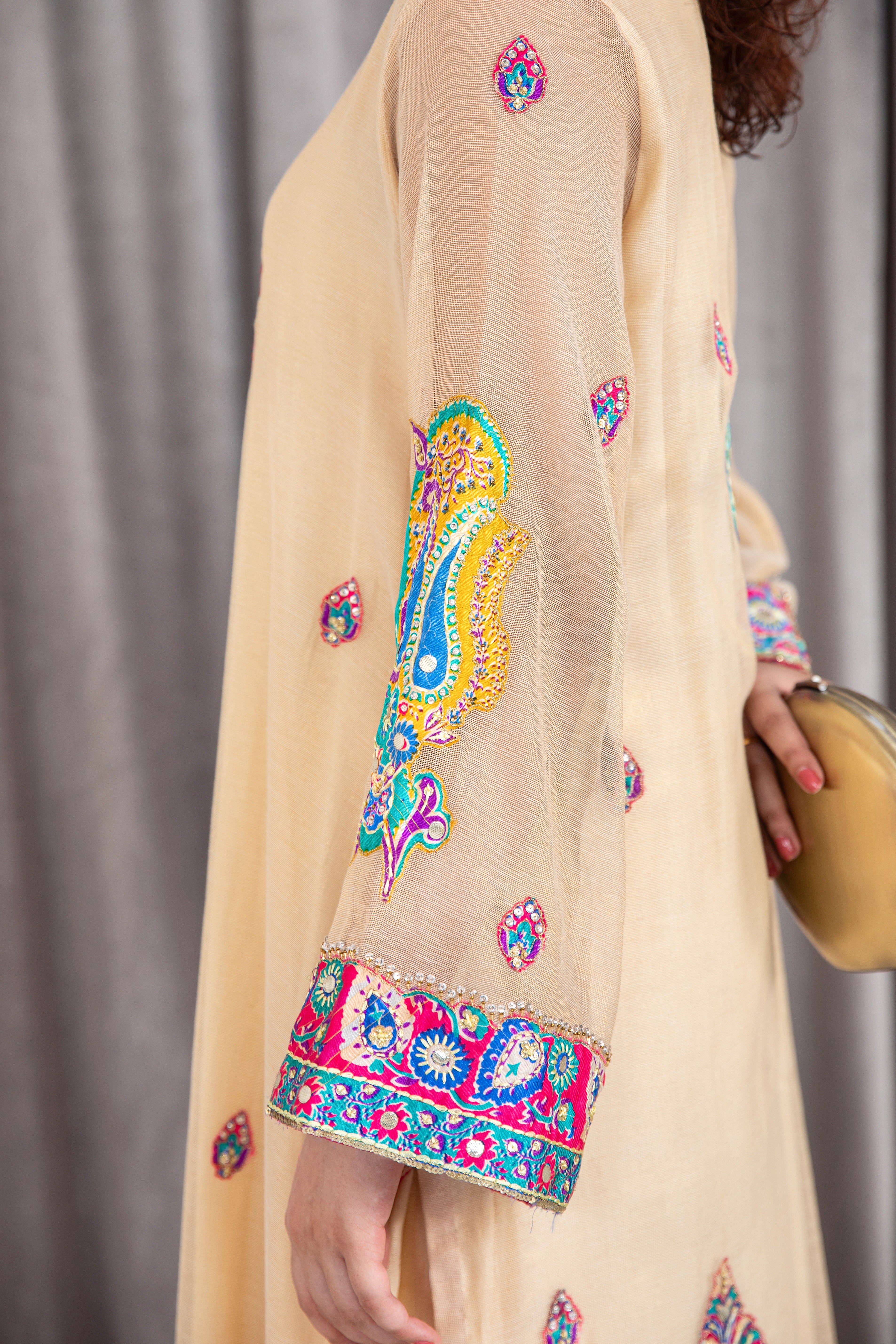 Pakistani Summer Melon Appliqué Lurex Net Salwar Kameez (2-Piece) - Image 4