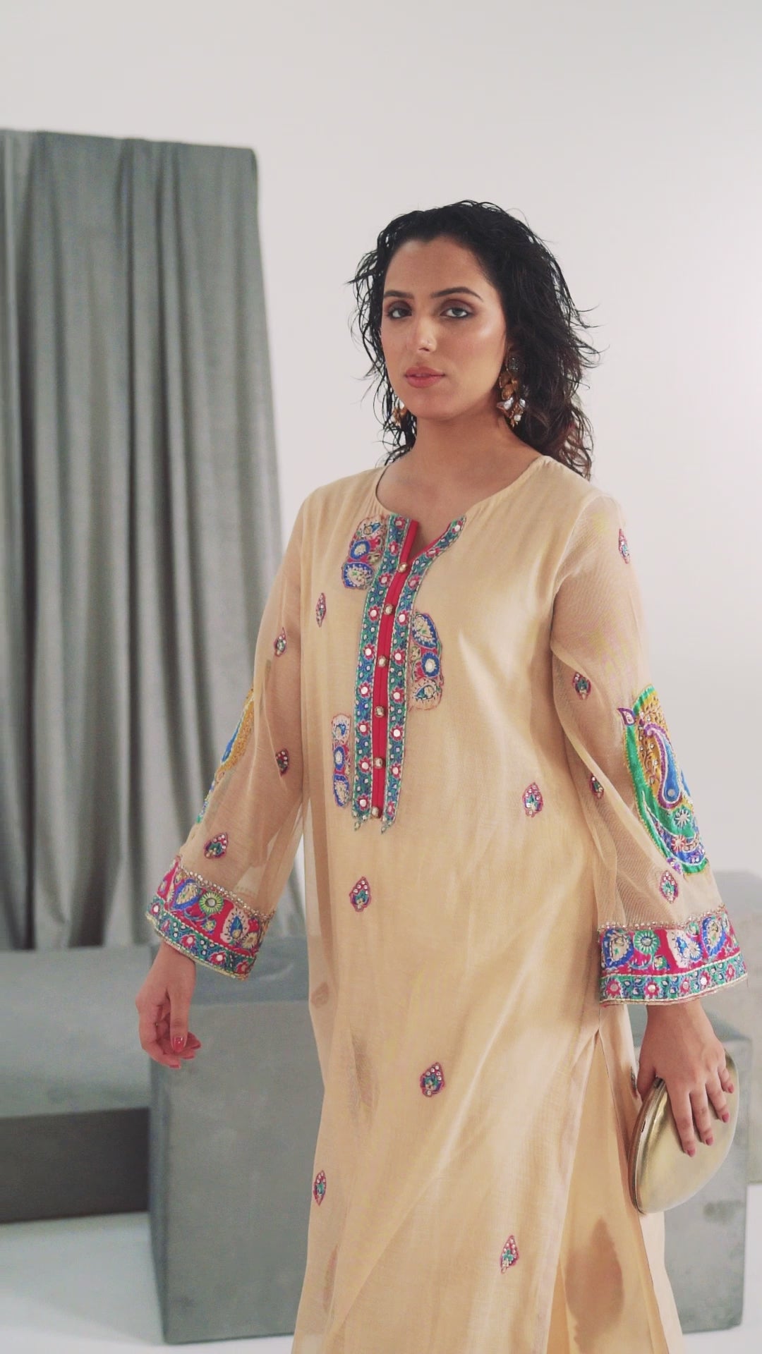 Pakistani Summer Melon Appliqué Lurex Net Salwar Kameez (2-Piece) - Image 5