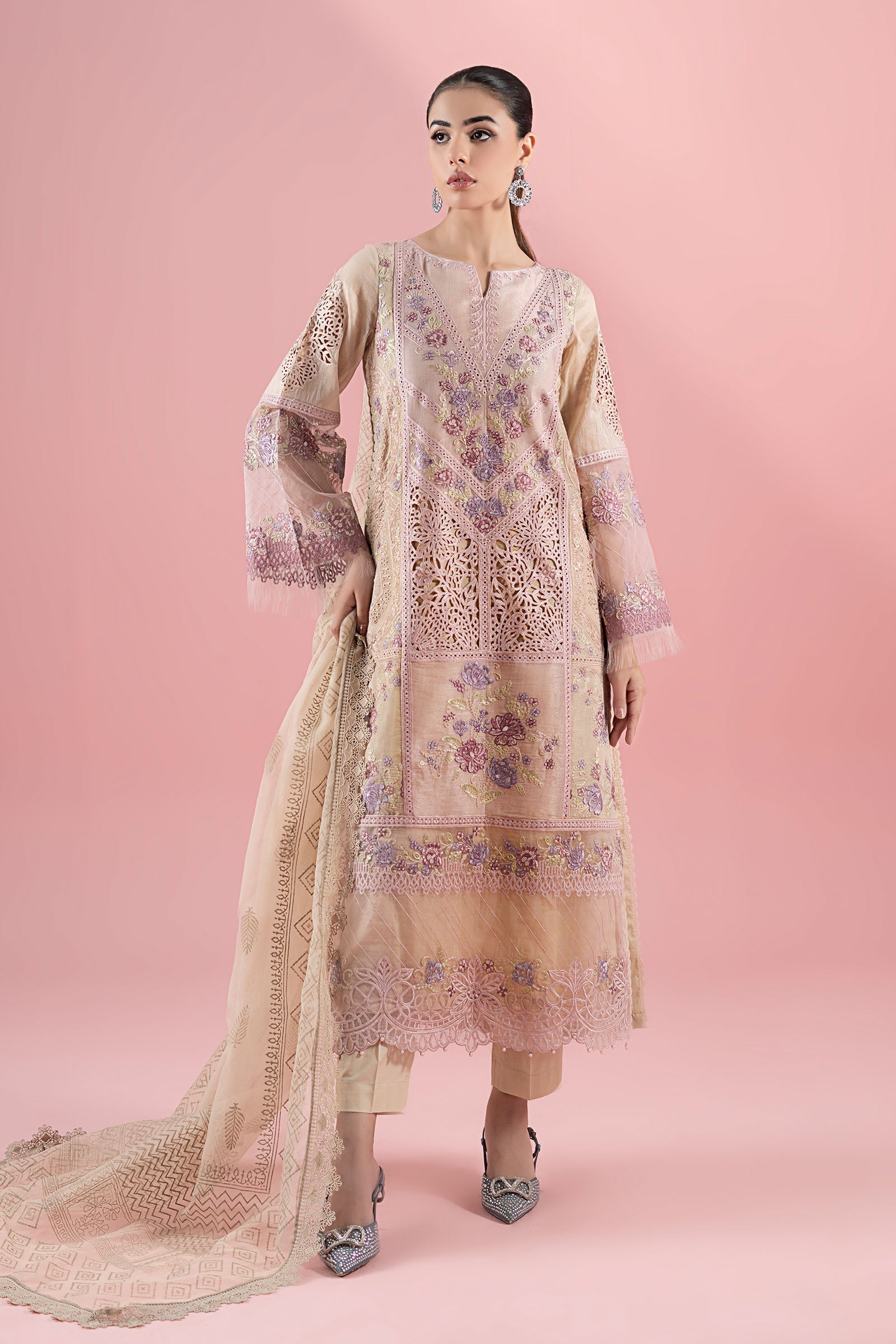 Pakistani Pink Beige Embroidered Masoori Lawn 3-Piece Suit - Image 1