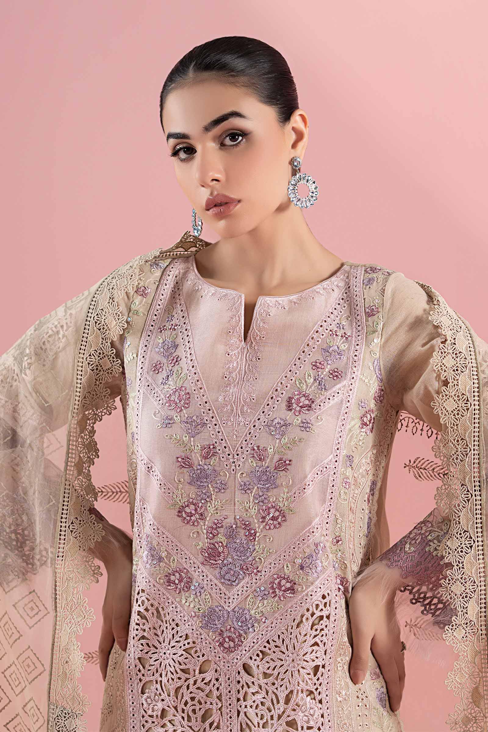 Pakistani Pink Beige Embroidered Masoori Lawn 3-Piece Suit - Image 2