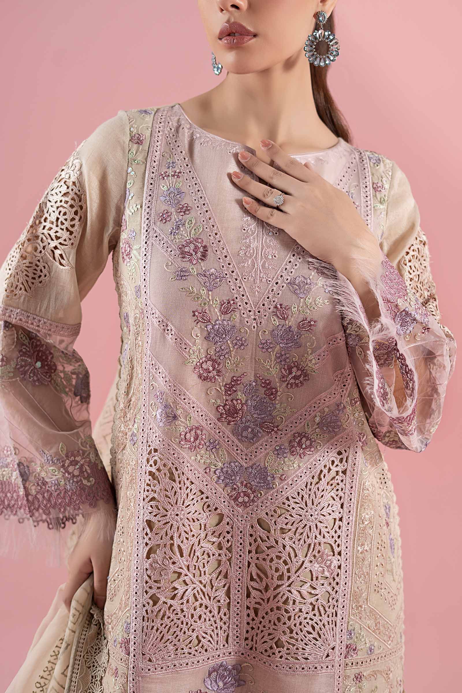 Pakistani Pink Beige Embroidered Masoori Lawn 3-Piece Suit - Image 3