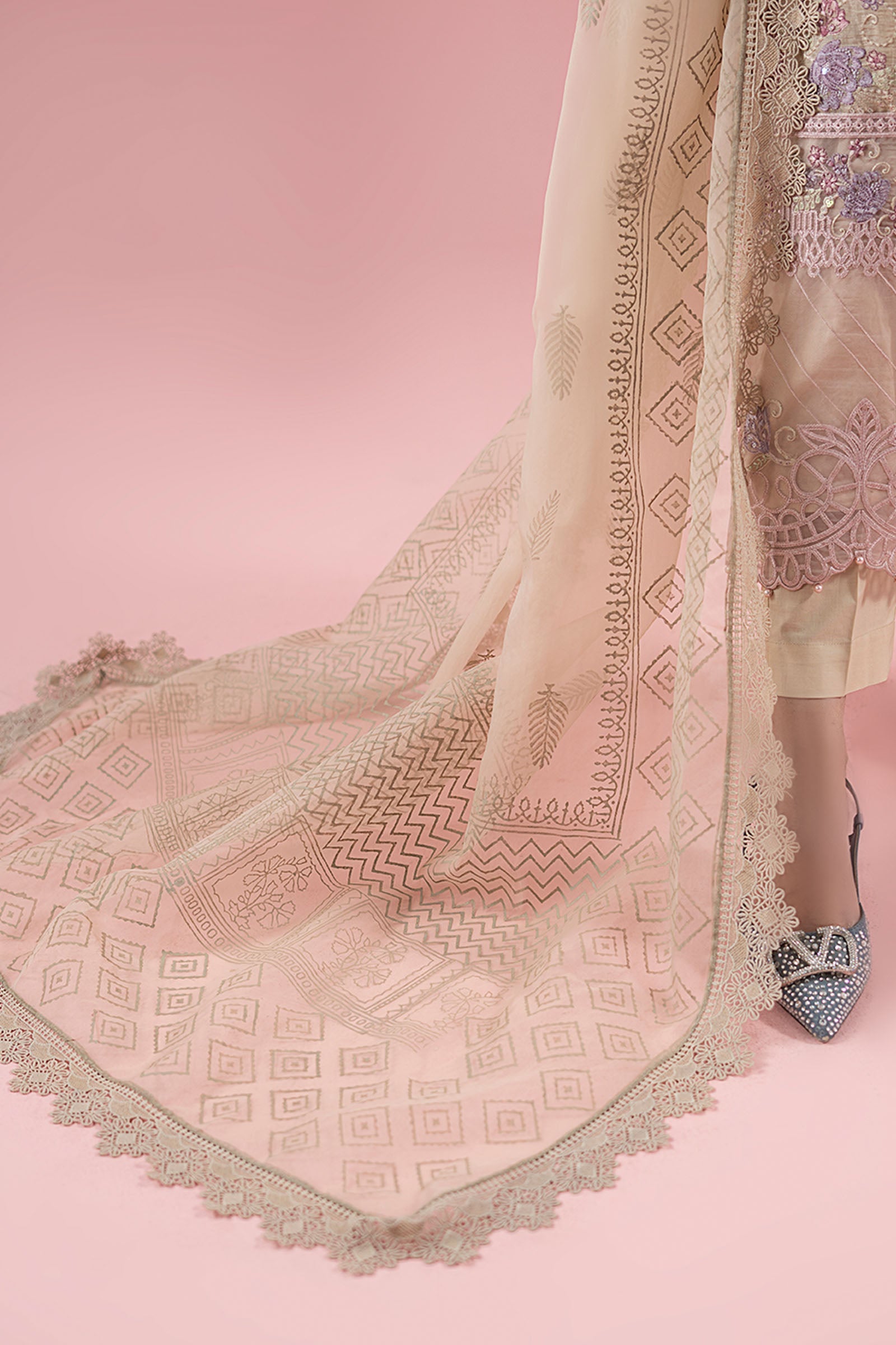 Pakistani Pink Beige Embroidered Masoori Lawn 3-Piece Suit - Image 5