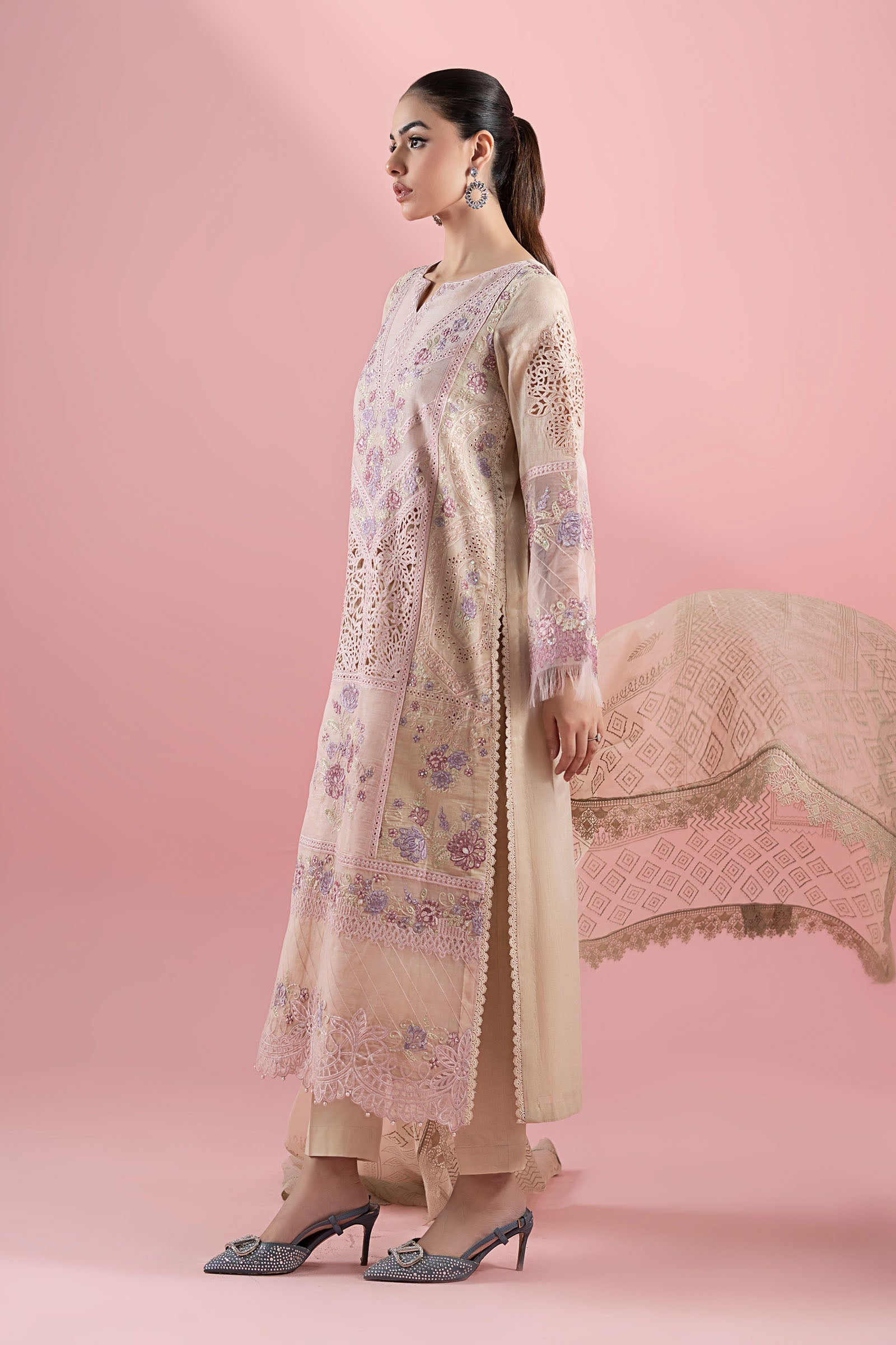 Pakistani Pink Beige Embroidered Masoori Lawn 3-Piece Suit - Image 6