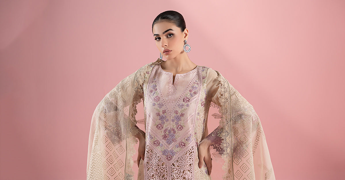 Pakistani Pink Beige Embroidered Masoori Lawn 3-Piece Suit - Image 8