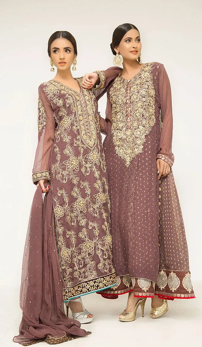 Mauve Gold Thread Embroidered Net Salwar Kameez (3-Piece) - Image 1