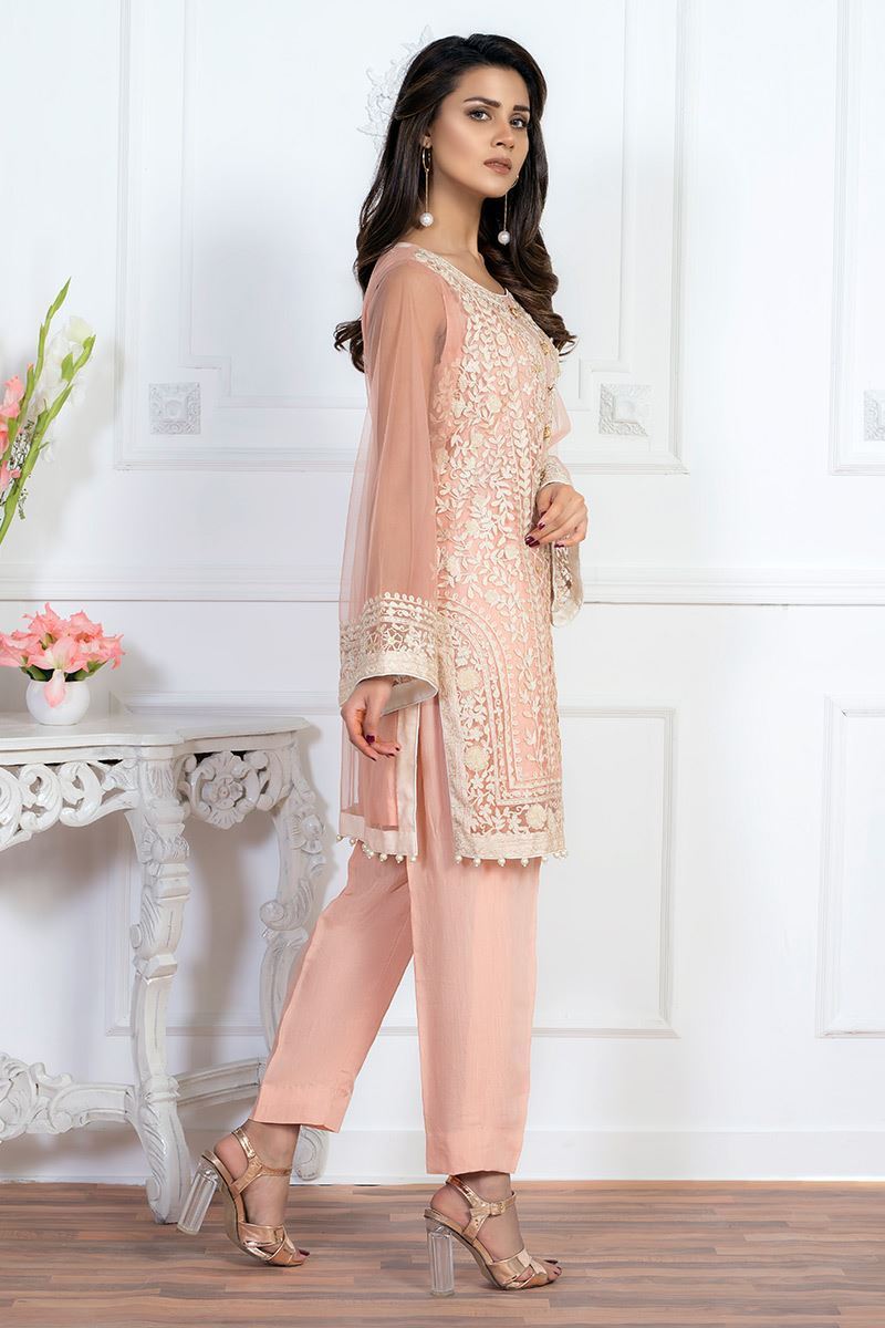 Pakistani Peach Gota-Embroidered Net Salwar Kameez (3-Piece) - Image 2