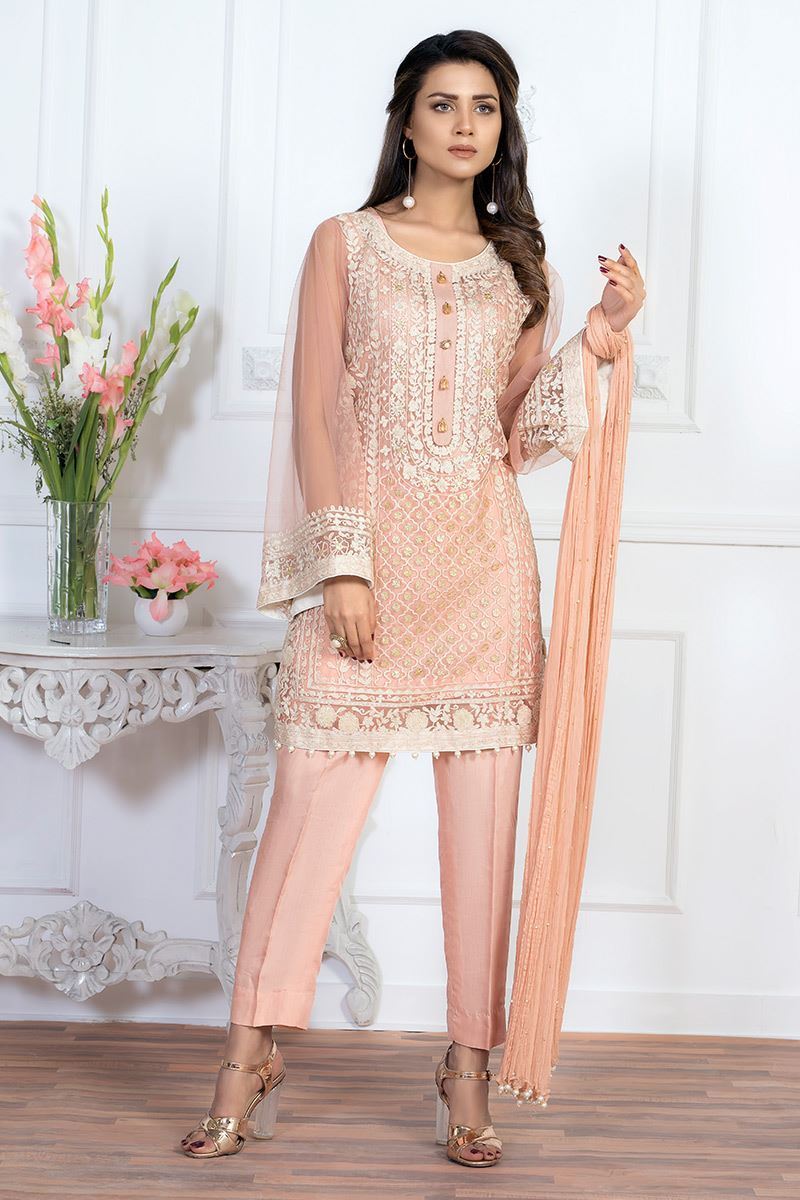 Pakistani Peach Gota-Embroidered Net Salwar Kameez (3-Piece) - Image 3