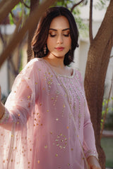 Pakistani Powder Pink Kundun & Crystal Net Salwar Kameez (3-Piece) - Image 4