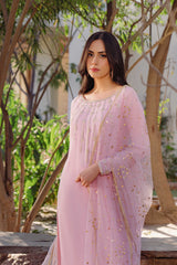 Pakistani Powder Pink Kundun & Crystal Net Salwar Kameez (3-Piece) - Image 6