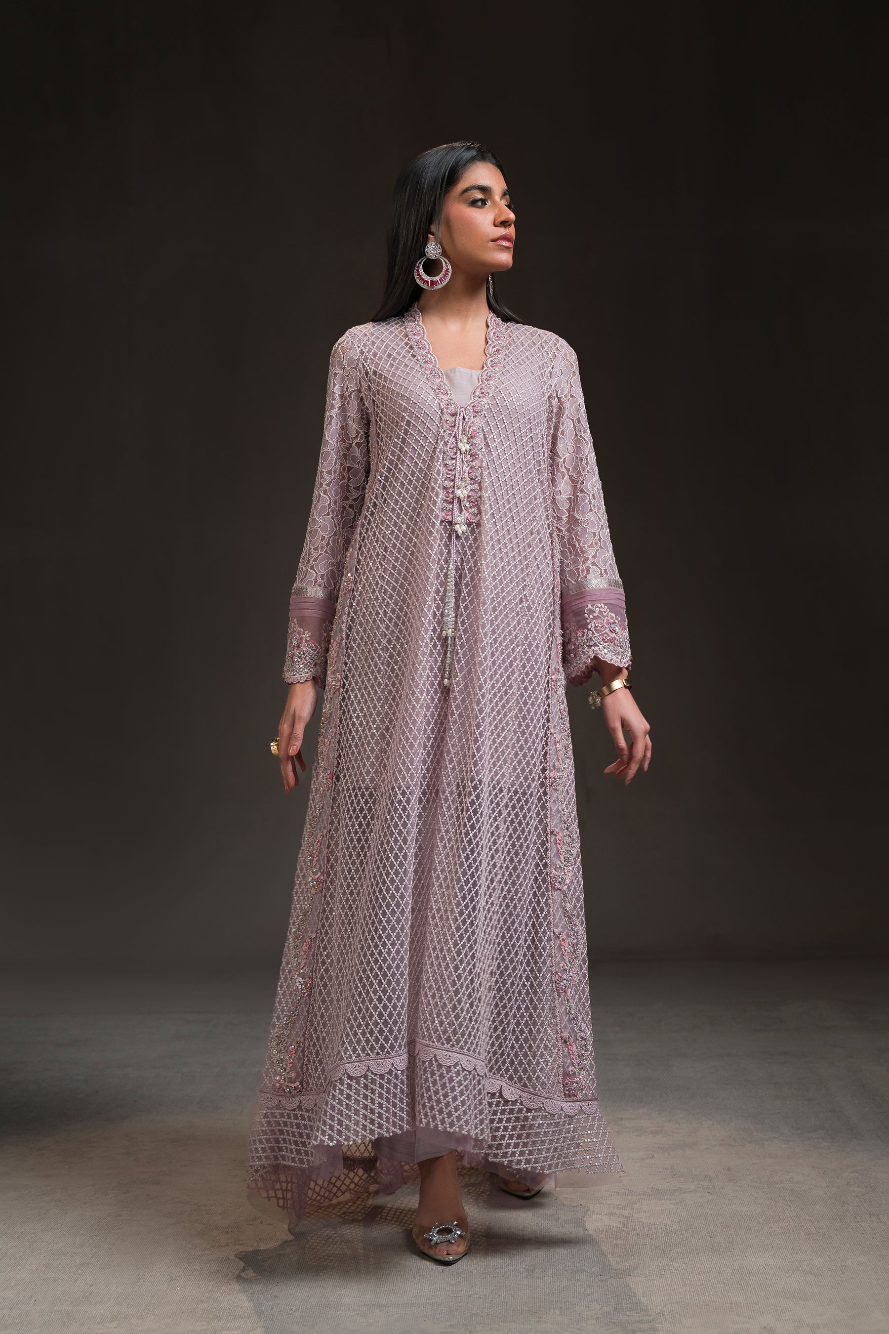 Pakistani Lavender Rose Embroidered Net Long Shirt (2-Piece) - Image 1
