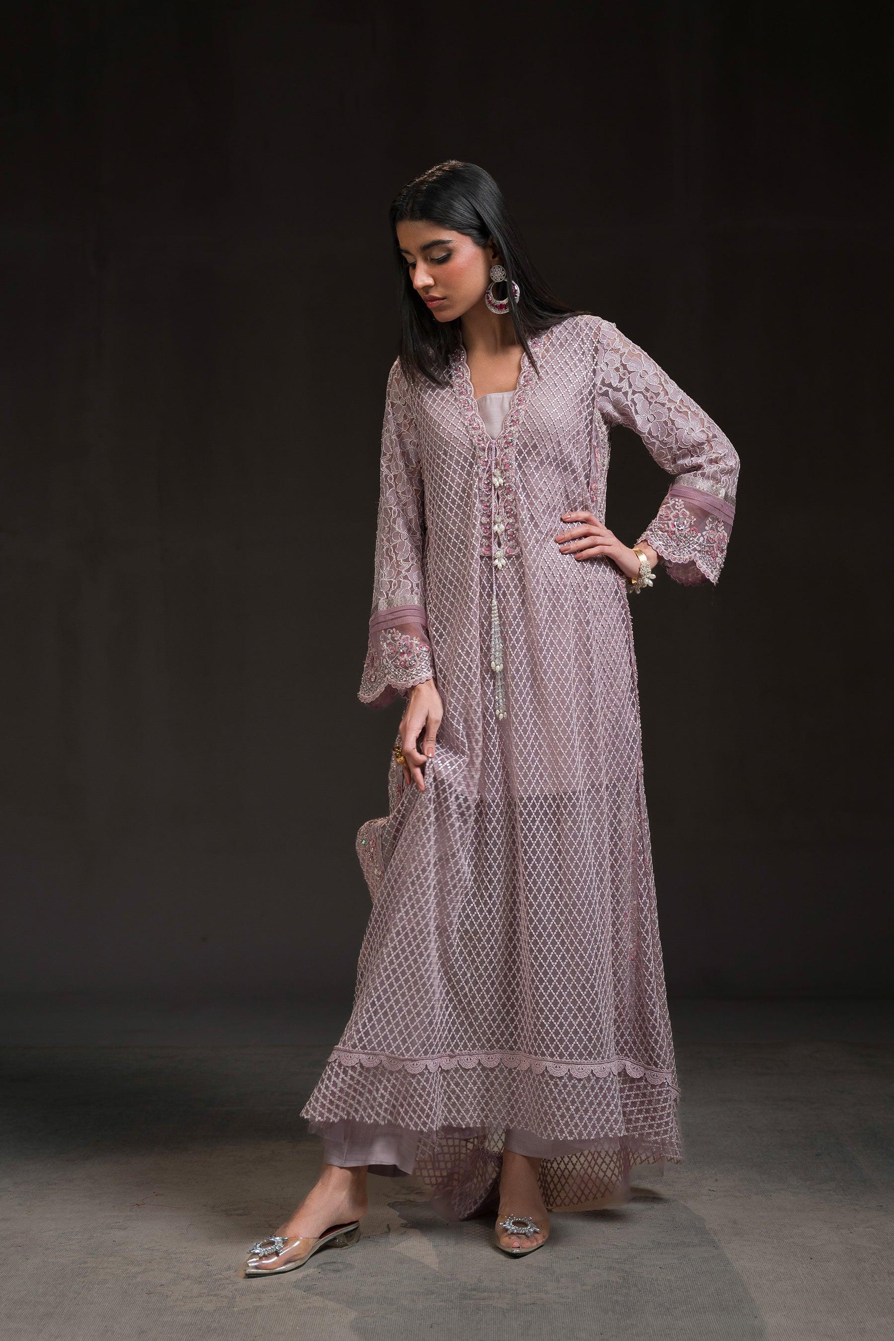 Pakistani Lavender Rose Embroidered Net Long Shirt (2-Piece) - Image 3
