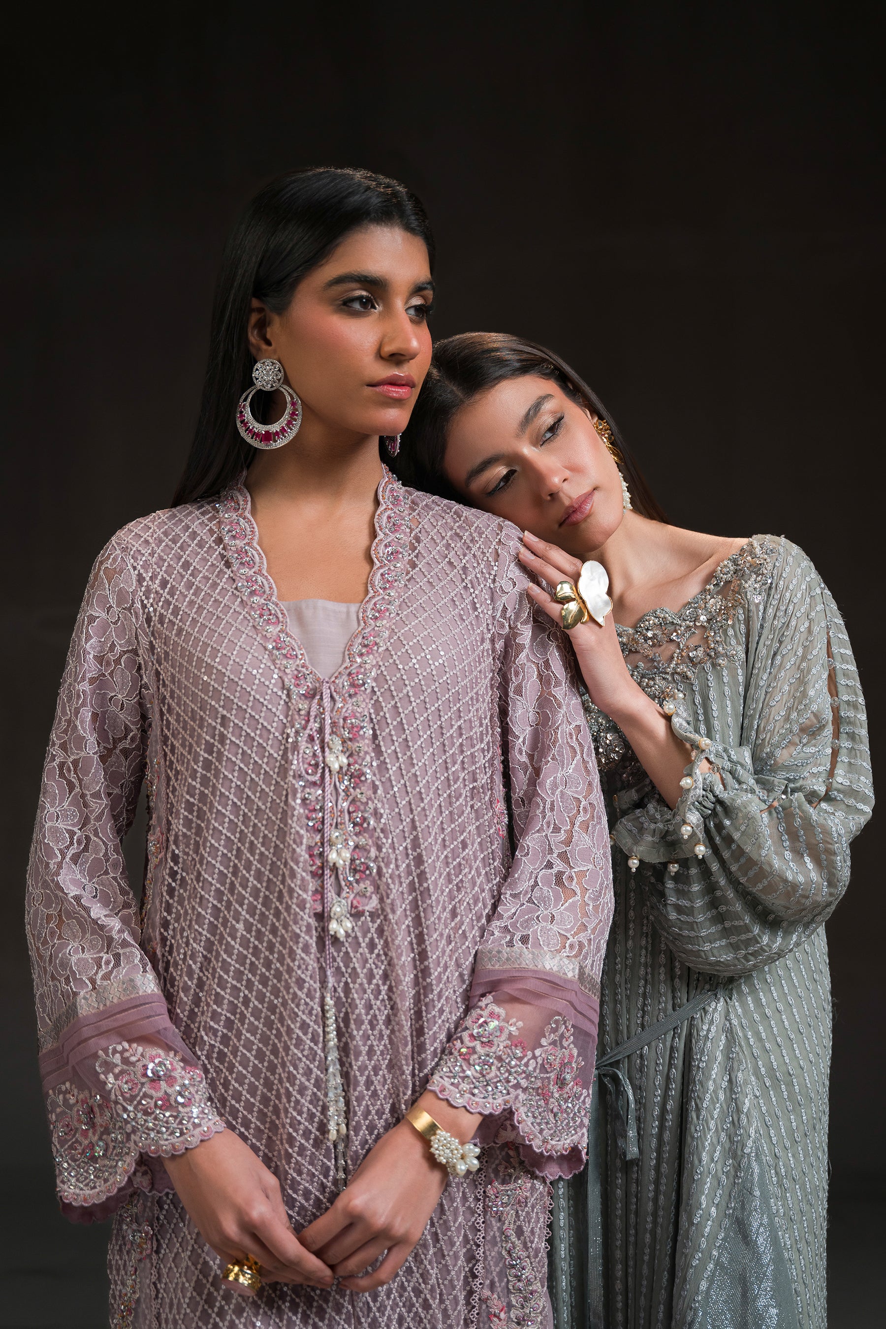 Pakistani Lavender Rose Embroidered Net Long Shirt (2-Piece) - Image 4
