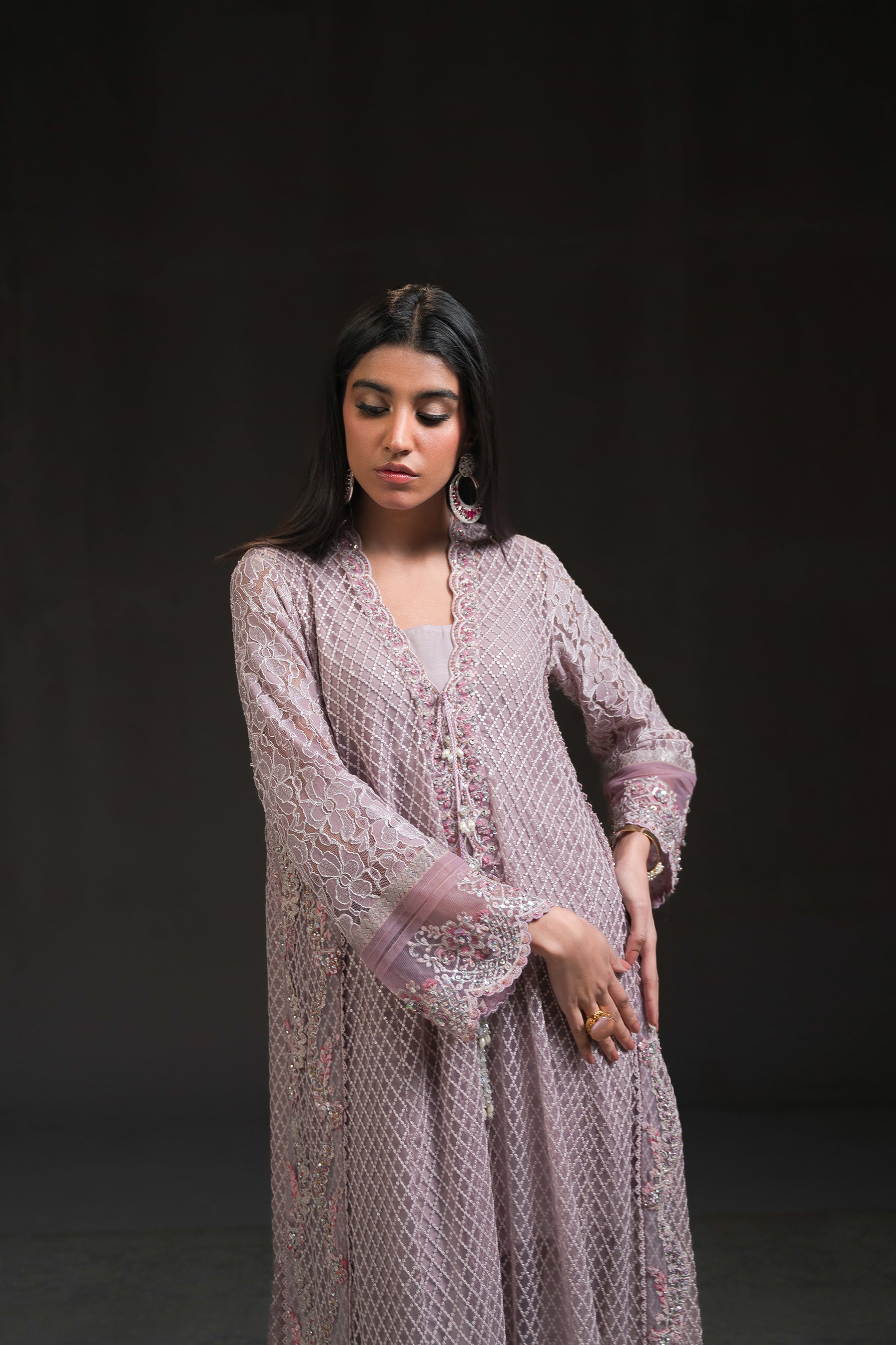Pakistani Lavender Rose Embroidered Net Long Shirt (2-Piece) - Image 5