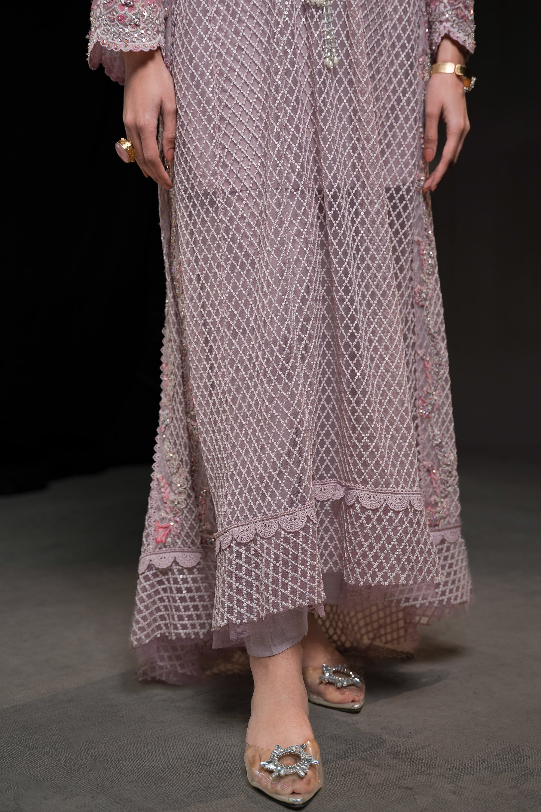 Pakistani Lavender Rose Embroidered Net Long Shirt (2-Piece) - Image 6