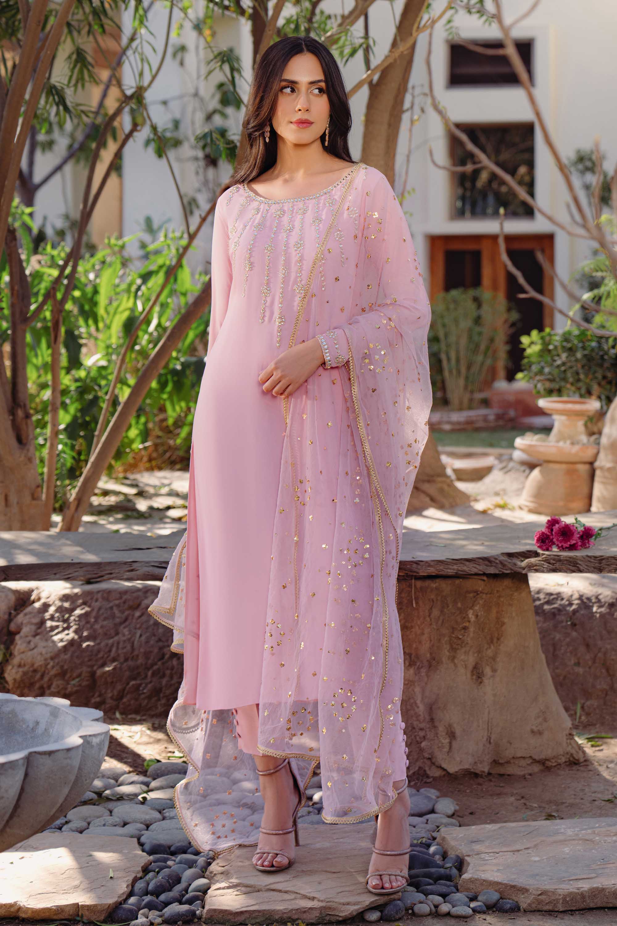 Powder Pink Kundun Embellished Salwar Kameez (3-Piece) - Image 3