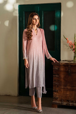 Pink to Lilac Ombre Sequinned Net Tunic (3-Piece) - Image 1