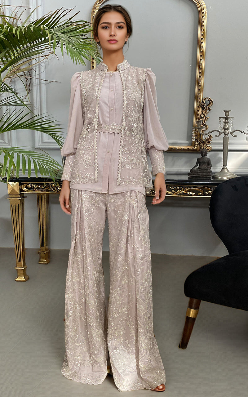 Pakistani Soft Lilac Embroidered Net Jacket Salwar Kameez (3-Piece) - Image 1