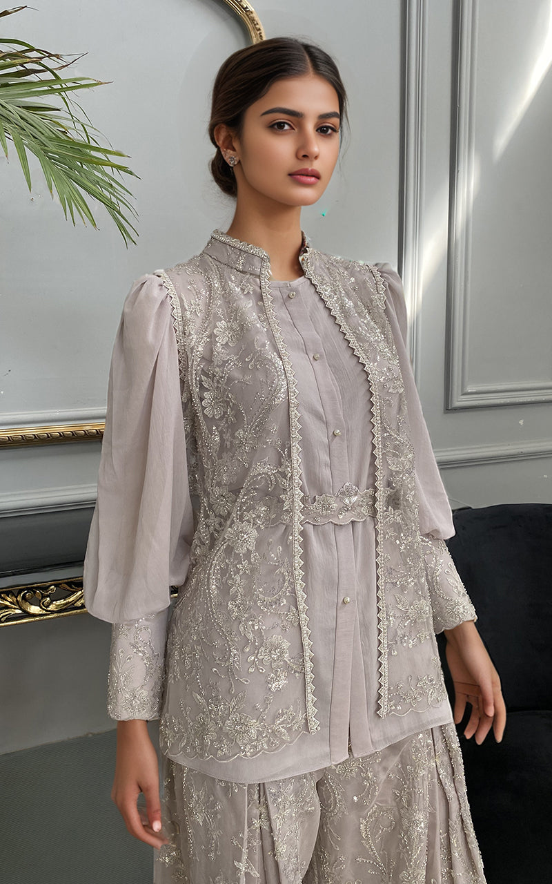 Pakistani Soft Lilac Embroidered Net Jacket Salwar Kameez (3-Piece) - Image 2