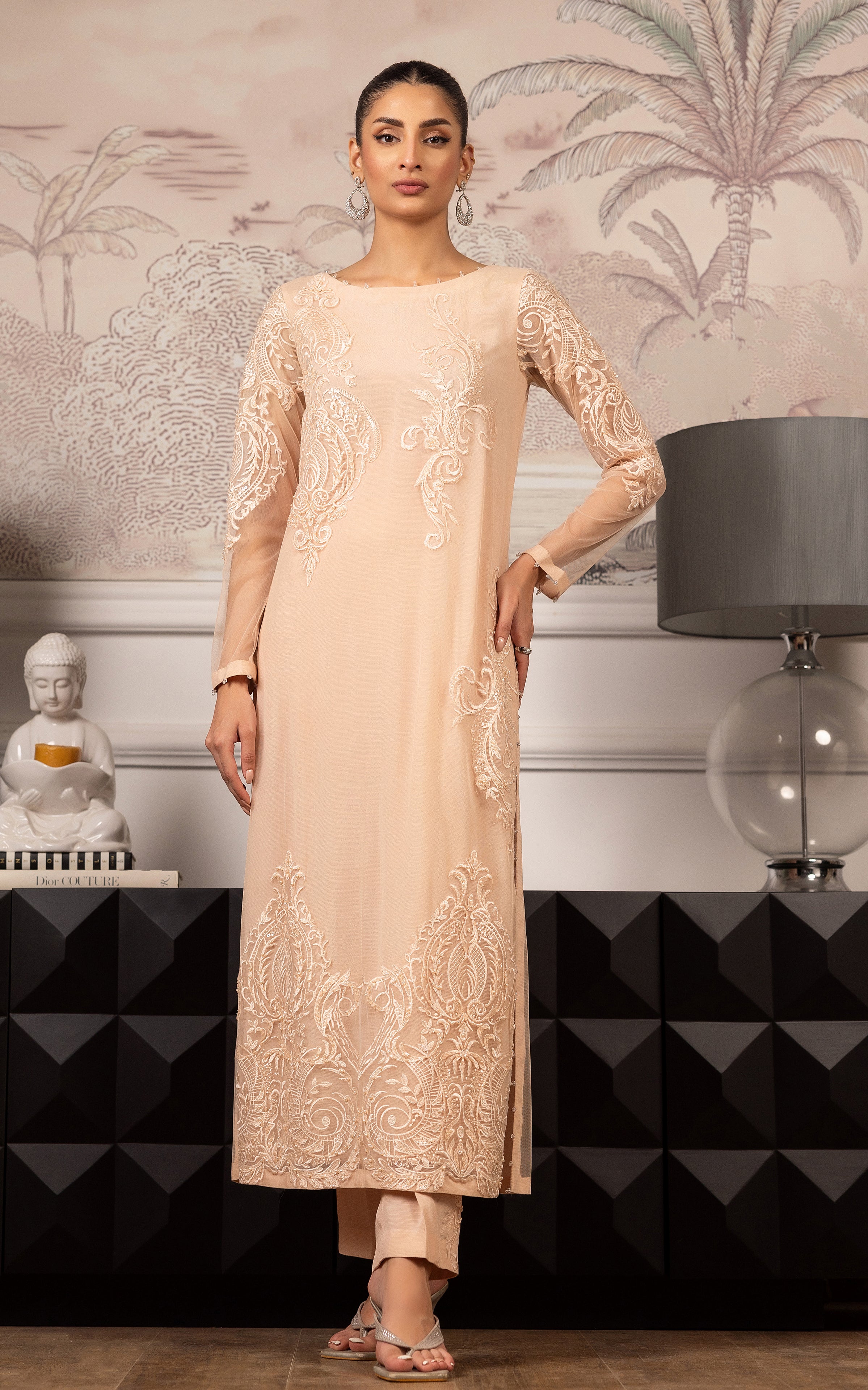 Peach Embroidered Net Salwar Kameez (2-Piece) - Image 1