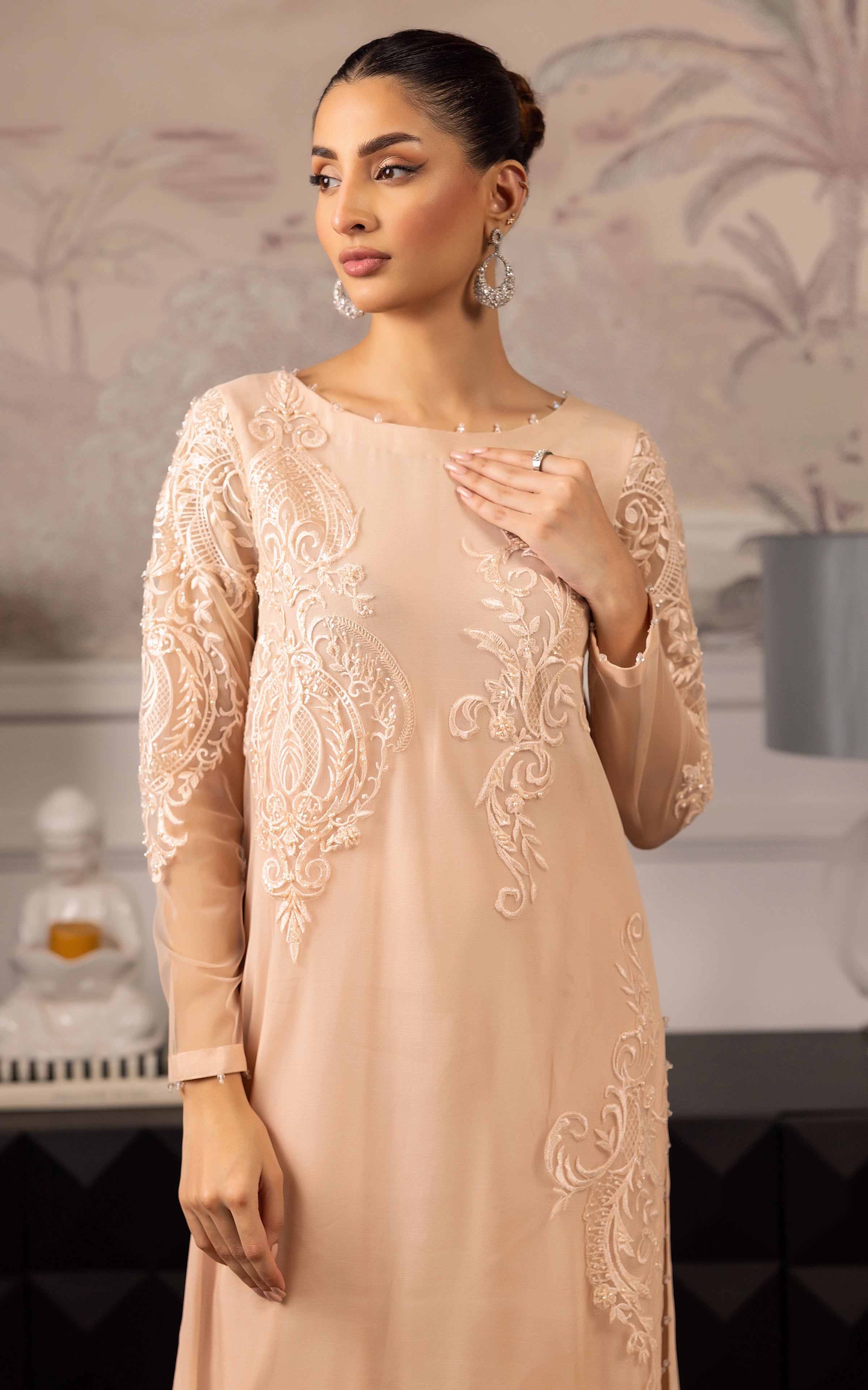 Peach Embroidered Net Salwar Kameez (2-Piece) - Image 2
