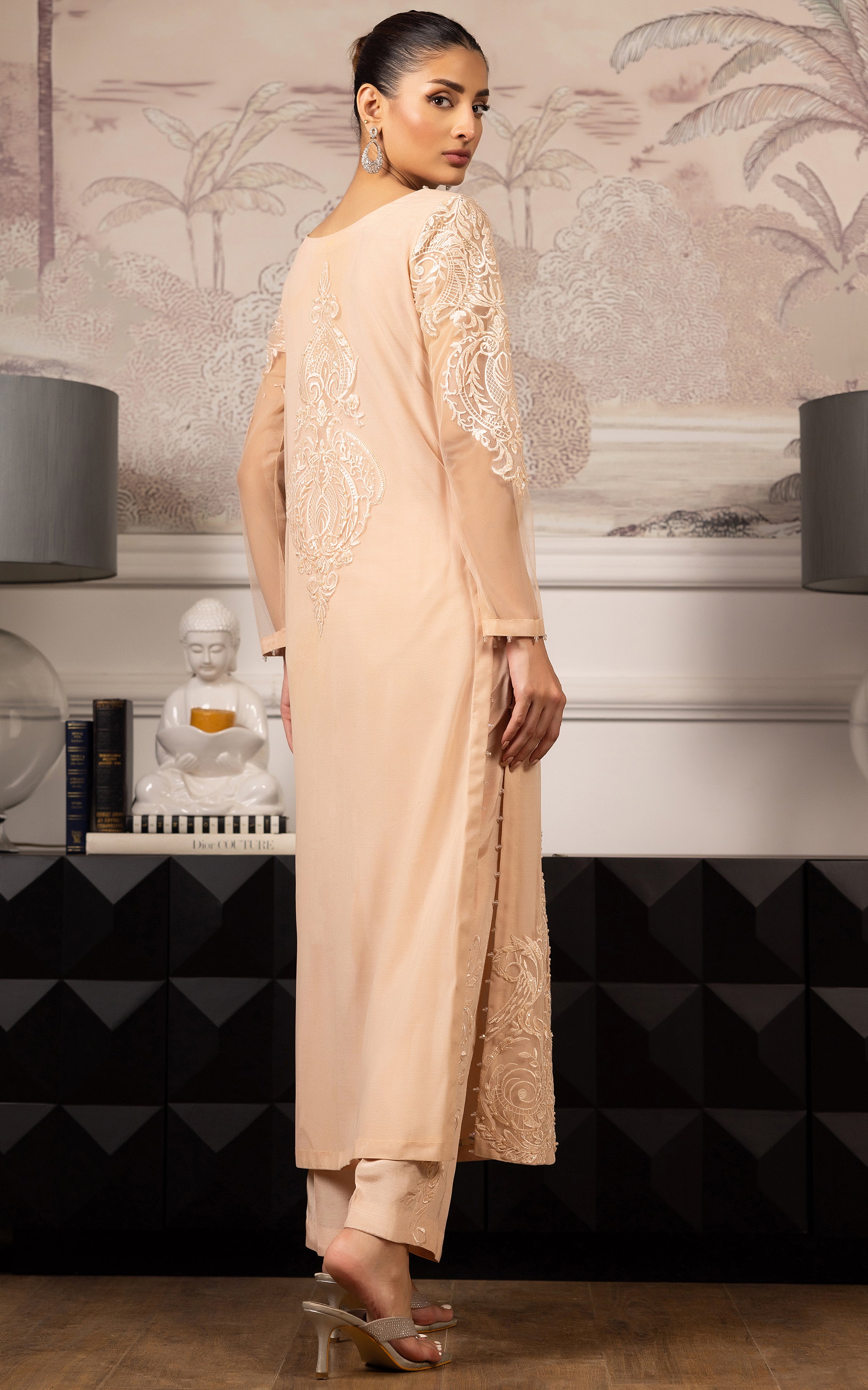 Peach Embroidered Net Salwar Kameez (2-Piece) - Image 4