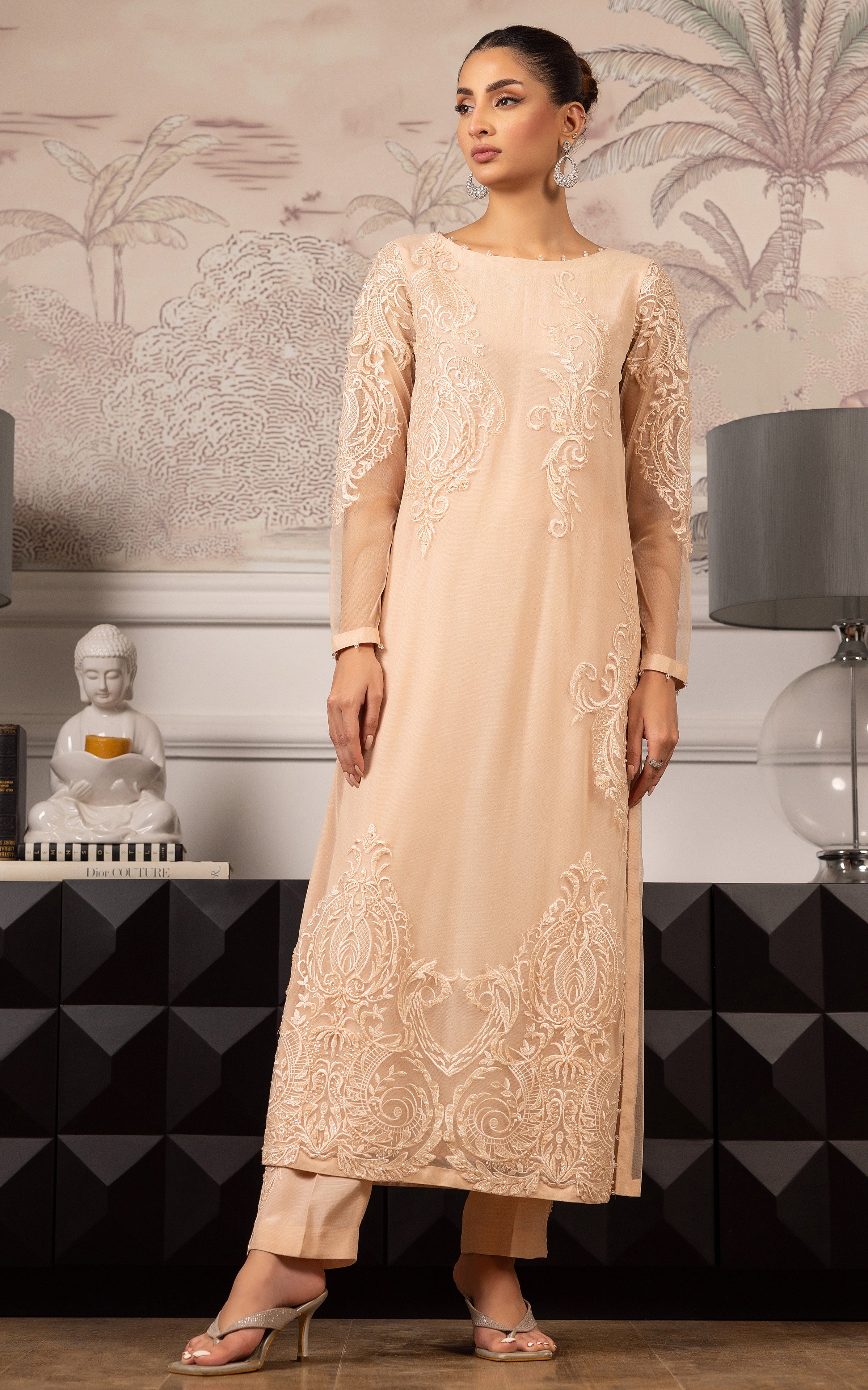 Peach Embroidered Net Salwar Kameez (2-Piece) - Image 5